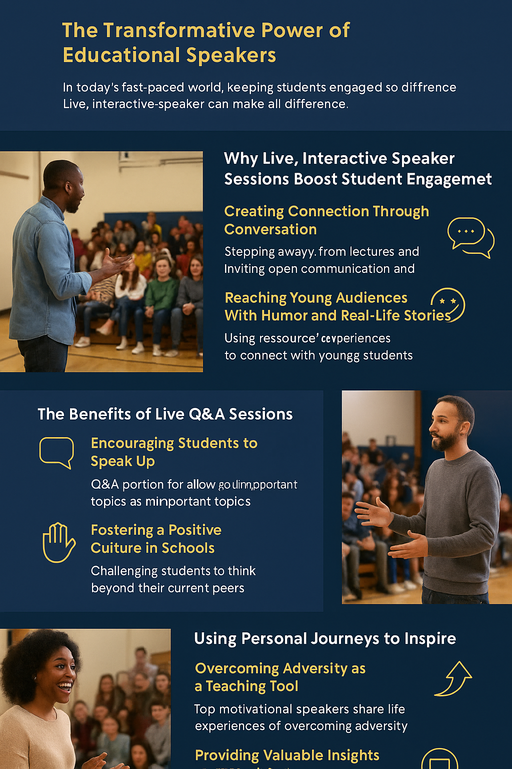 Infographic titled ‘Interactive School Assemblies: Engaging Students with Live Guest Speaker Sessions,’ with a navy background, gold and white text, and images of speakers and students. It highlights the power of educational speakers, benefits of live Q&A, using humor and personal stories, encouraging student participation, fostering positive school culture, and inspiring leadership through personal journeys.