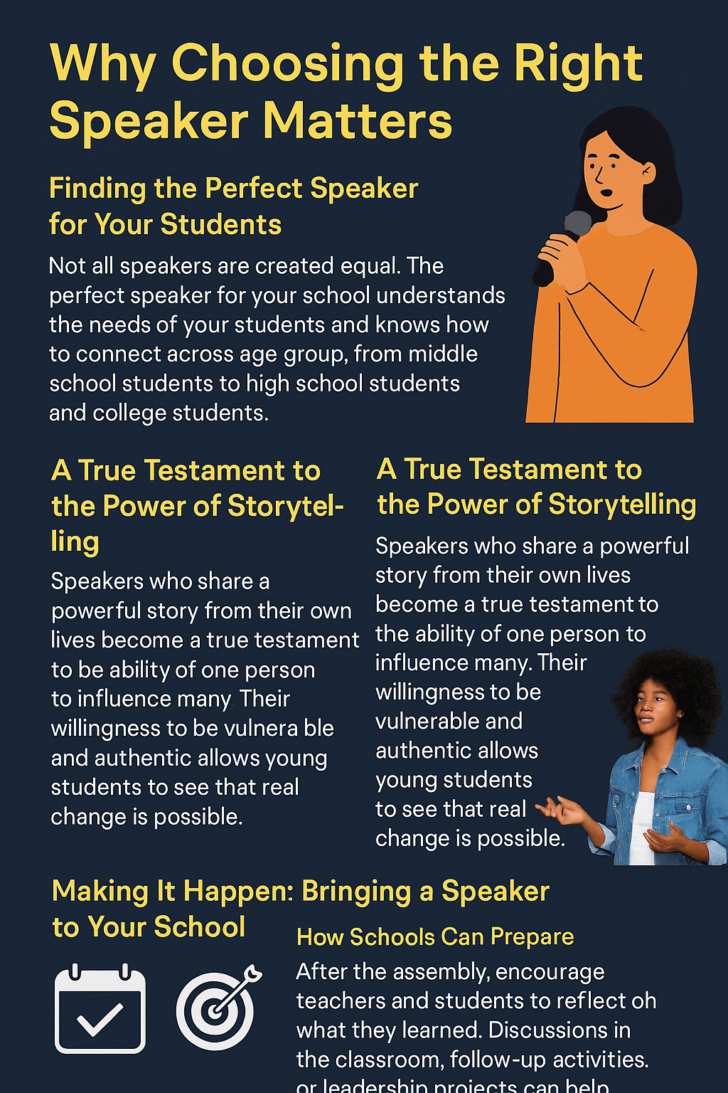 Infographic titled ‘Why Choosing the Right Speaker Matters,’ with a navy background, gold headings, and white text. It highlights selecting the right speaker for students, the power of storytelling, how schools can prepare for assemblies, and ensuring lasting impact, using simple icons and illustrations of speakers.