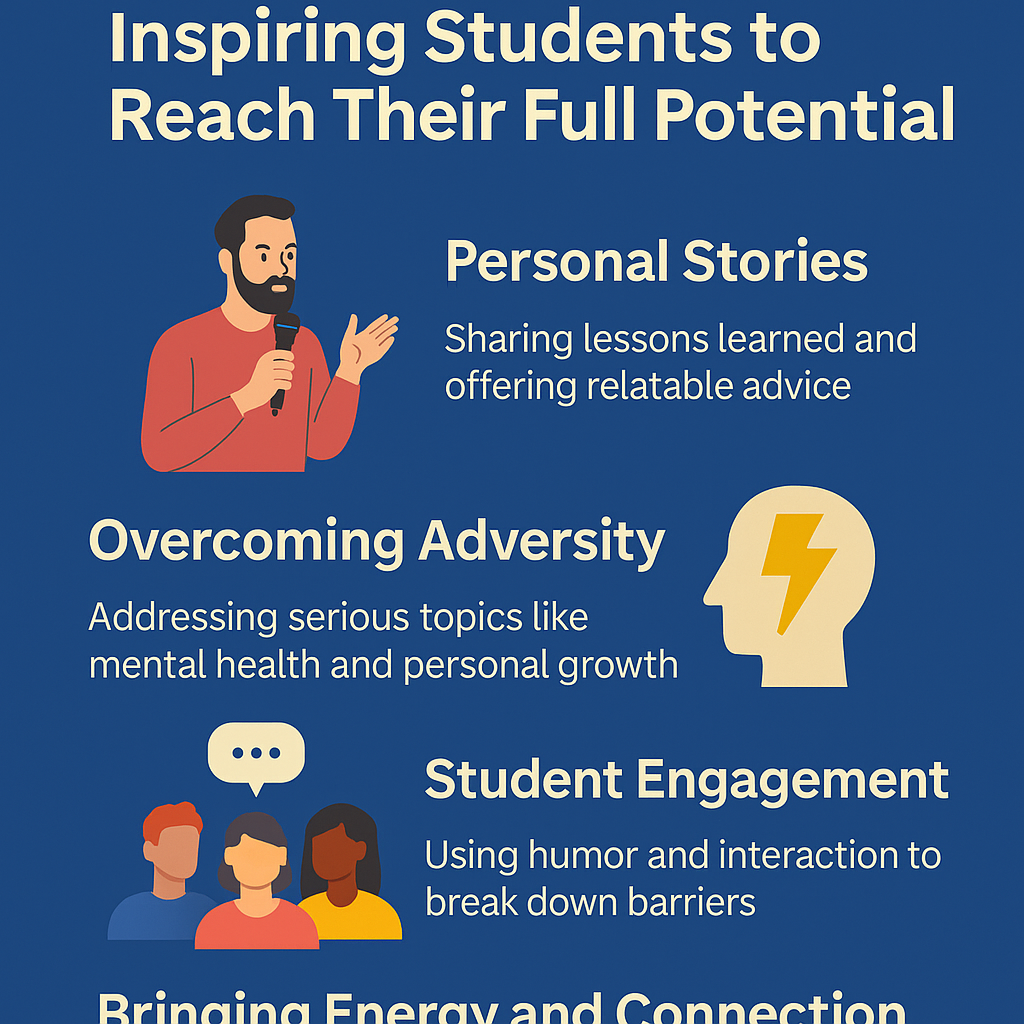 Infographic titled ‘Top Motivational Speakers: Inspiring Students to Reach Their Full Potential,’ with a blue background, cream text, and illustrations. It highlights key points like sharing personal stories, addressing adversity and mental health, and boosting student engagement through humor and interaction