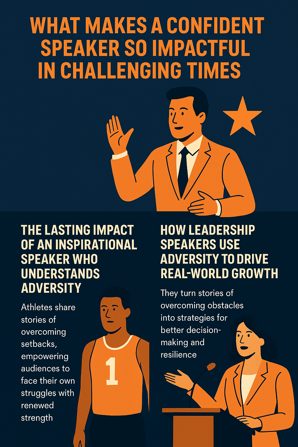 Top Section: A confident male speaker in an orange suit stands with a raised hand next to an orange star, representing presence and authority.