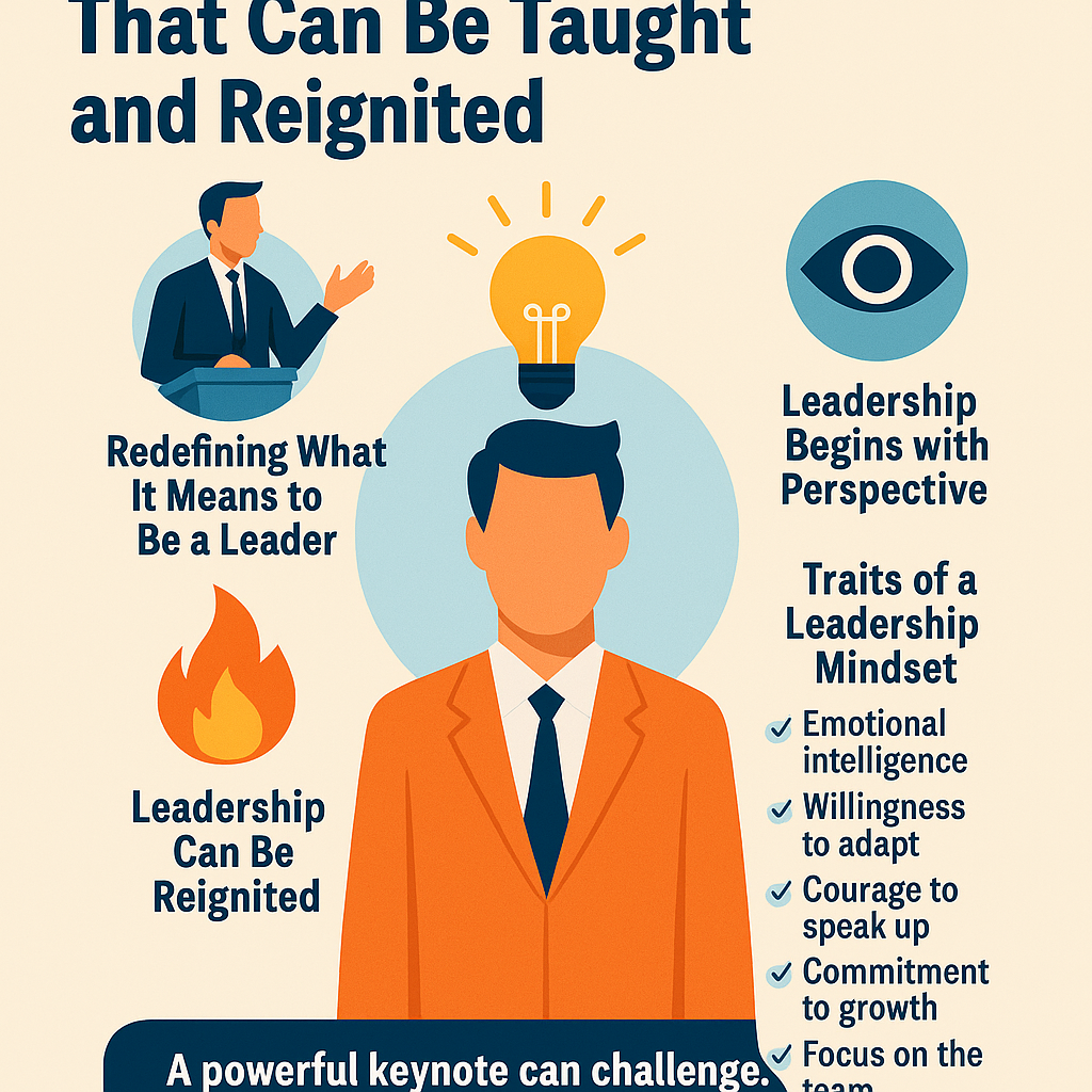 A 2D digital infographic titled 'That Can Be Taught and Reignited' emphasizes that leadership is a mindset, not just a title. At the center is a figure in an orange suit with a glowing lightbulb above the head, symbolizing ideas and leadership. To the left are icons and text reading 'Redefining What It Means to Be a Leader' and 'Leadership Can Be Reignited,' represented by a speaker at a podium and a flame. On the right, an eye icon accompanies 'Leadership Begins with Perspective,' and a checklist titled 'Traits of a Leadership Mindset' includes: Emotional intelligence, Willingness to adapt, Courage to speak up, Commitment to growth, and Focus on the team. A navy banner at the bottom reads: 'A powerful keynote can challenge.'