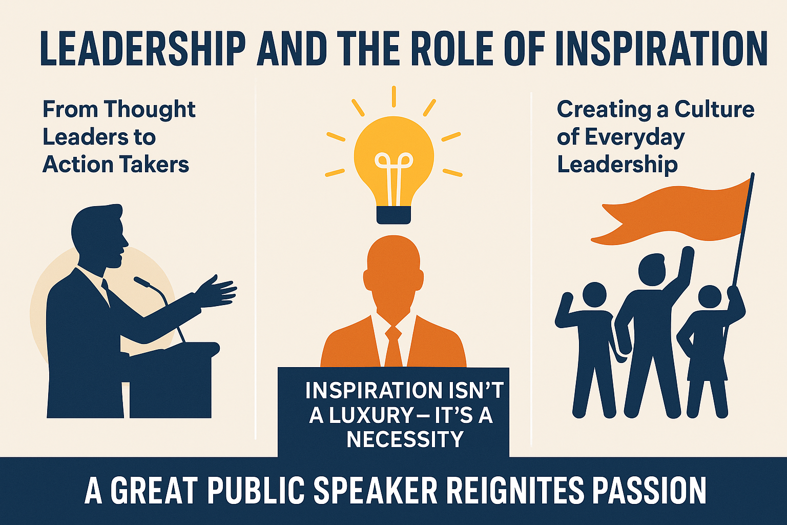 A 2D digital infographic titled 'Leadership and the Role of Inspiration' divided into three vertical sections. On the left, a silhouette of a keynote speaker at a podium is labeled 'From Thought Leaders to Action Takers.' In the center, a figure in an orange suit stands beneath a glowing lightbulb with the caption 'Inspiration Isn’t a Luxury—It’s a Necessity.' On the right, a group of four stylized figures raises an orange flag under the heading 'Creating a Culture of Everyday Leadership.' A navy banner at the bottom reads 'A Great Public Speaker Reignites Passion.