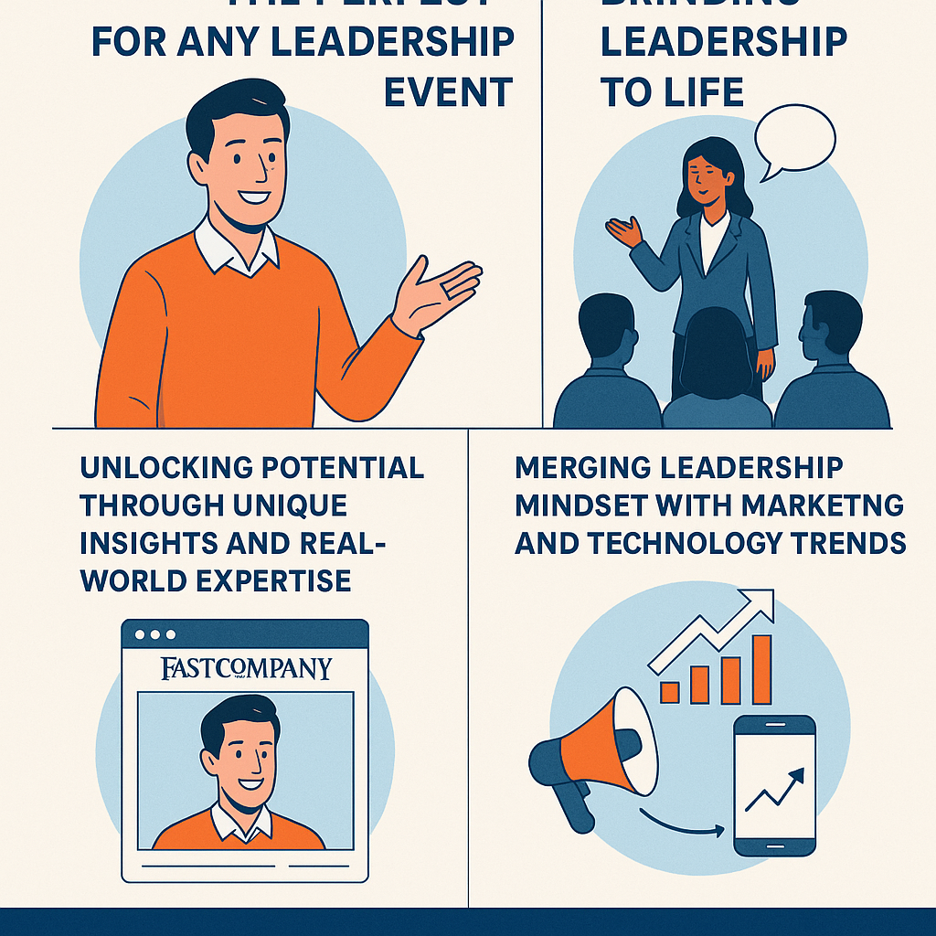 A 2D digital infographic titled 'The Perfect Match for Any Leadership Event' divided into four quadrants. The top left features a smiling man in an orange sweater gesturing confidently, labeled 'The Perfect Match for Any Leadership Event.' The top right shows a female speaker addressing an audience with a speech bubble, labeled 'Bringing Leadership to Life.' The bottom left displays a web browser window with a Fast Company article featuring the same speaker, labeled 'Unlocking Potential Through Unique Insights and Real-World Expertise.' The bottom right includes a megaphone, smartphone, and upward trending graph under the heading 'Merging Leadership Mindset with Marketing and Technology Trends.' The design uses blue, white, and orange tones in a flat illustration style.