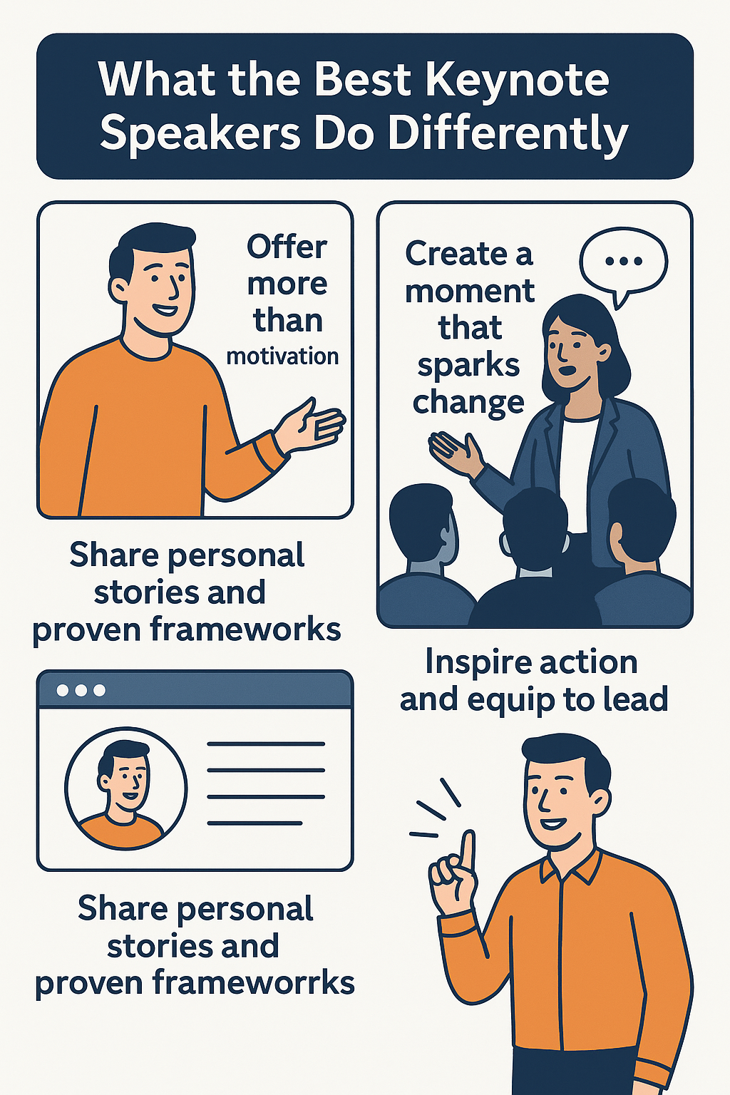 A 2D digital infographic titled 'What the Best Keynote Speakers Do Differently' divided into four sections with a blue, orange, and white color scheme. The top left shows a male speaker gesturing with the caption 'Offer more than motivation.' The top right features a female speaker addressing an audience with a speech bubble and the caption 'Create a moment that sparks change.' The bottom left displays a web page with a speaker's profile under the text 'Share personal stories and proven frameworks.' The bottom right shows a smiling speaker pointing upward with the caption 'Inspire action and equip to lead.' Each section includes simplified illustrations and bold text.