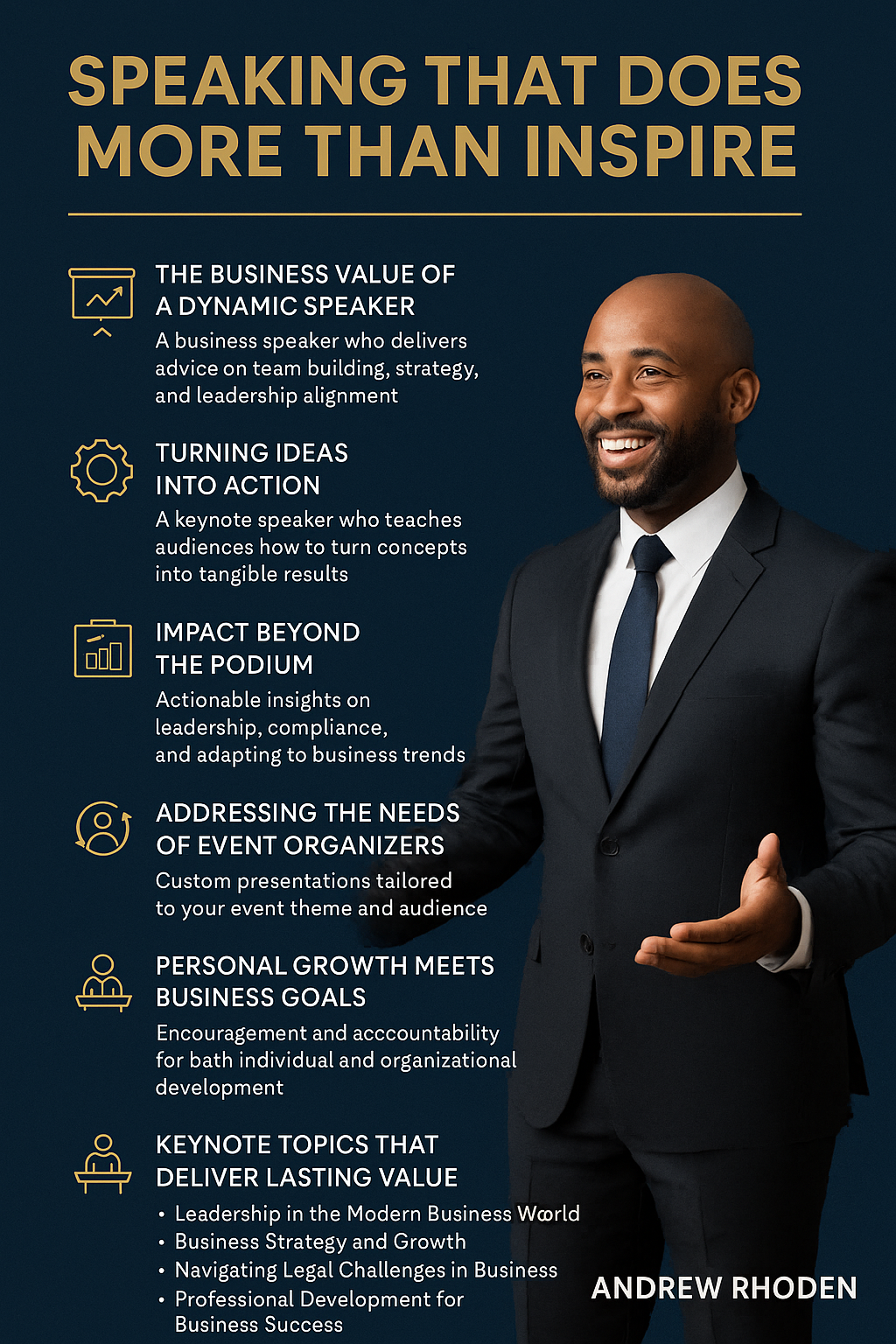Infographic titled “Speaking That Does More Than Inspire” featuring Andrew Rhoden, a smiling African American man in a navy suit and tie, gesturing as if presenting. Set against a dark blue background with gold and white text, the layout includes six sections with icons representing key themes: 1) The Business Value of a Dynamic Speaker, 2) Turning Ideas Into Action, 3) Impact Beyond the Podium, 4) Addressing the Needs of Event Organizers, 5) Personal Growth Meets Business Goals, and 6) Keynote Topics That Deliver Lasting Value. The infographic emphasizes Rhoden’s expertise in leadership, legal insight, and audience engagement.