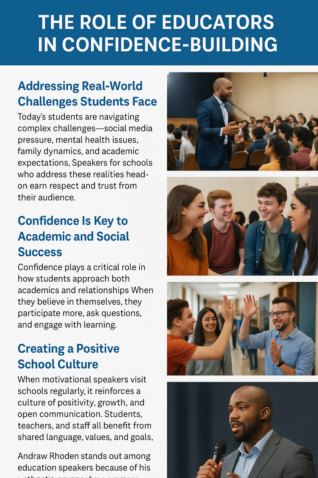 Top Section – Addressing Real-World Challenges Students Face:
Text explains how speakers who discuss social media pressure, mental health, and academic stress gain trust. The image shows a motivational speaker engaging a large group of students in an auditorium.