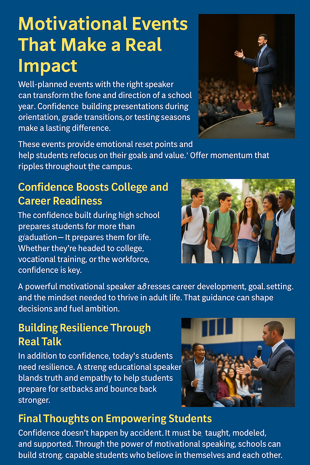 Text discusses how school-year events with motivational speakers provide emotional reset points and lasting momentum. Image shows a speaker in a suit addressing a large student audience.