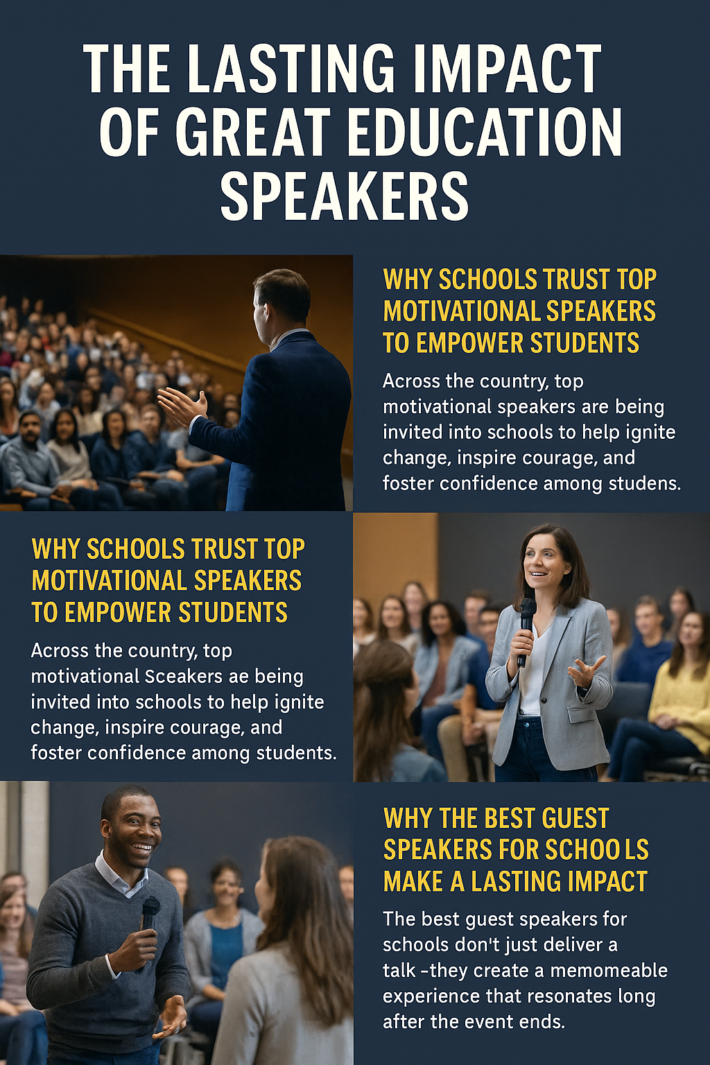 A male speaker addresses a large student audience in an auditorium. Text emphasizes how motivational speakers empower students with courage, confidence, and inspiration.