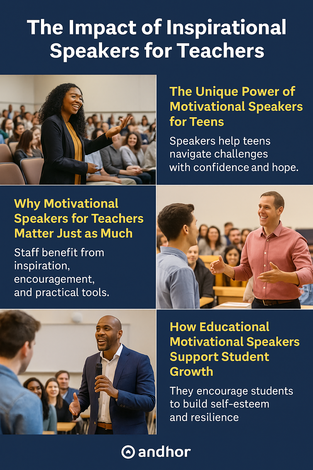 The Unique Power of Motivational Speakers for Teens:
Image of a smiling female speaker addressing a seated audience. Text highlights how speakers help teens face challenges with confidence and hope.