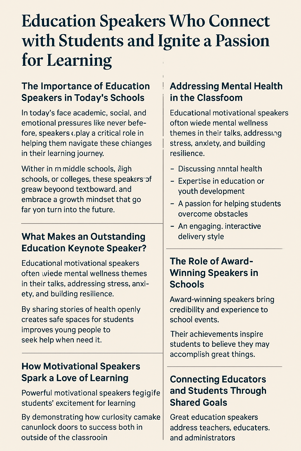 Digital infographic titled ‘Education Speakers Who Connect with Students and Ignite a Passion for Learning,’ with six sections highlighting the importance of education speakers, mental health topics, keynote speaker qualities, motivational impact, award-winning speaker roles, and connecting educators and students. The design features a beige background with dark blue headings and clean, readable text.