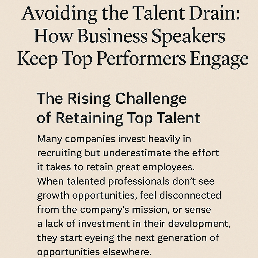 Graphic with the headline ‘Avoiding the Talent Drain: How Business Speakers Keep Top Performers Engaged’ on a beige background, featuring a subheading ‘The Rising Challenge of Retaining Top Talent’ and a paragraph explaining the importance of growth opportunities and employee engagement for retaining talent.