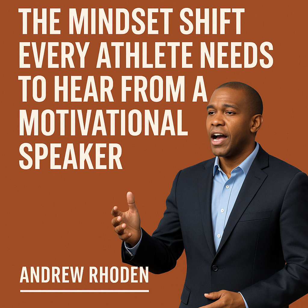 A bold digital graphic featuring motivational speaker Andrew Rhoden against a burnt-orange background. Large white text on the left reads,