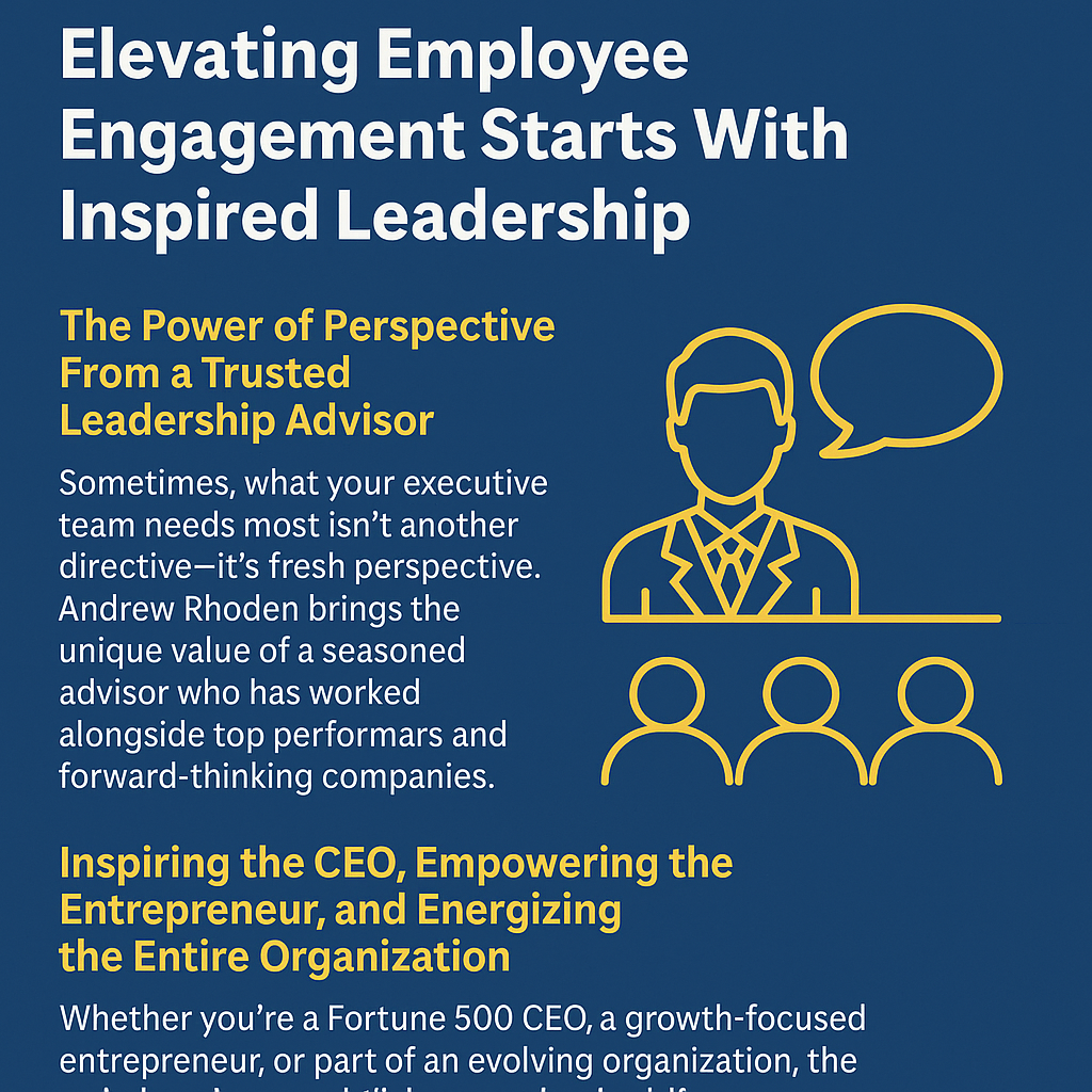 Promotional graphic with a blue background and bold white and yellow text reading 'Elevating Employee Engagement Starts With Inspired Leadership.' Below, supporting text highlights the role of leadership keynotes in energizing organizations. On the right, minimalist yellow line art depicts a speaker in a suit with a speech bubble and three audience members, symbolizing communication and leadership influence.
