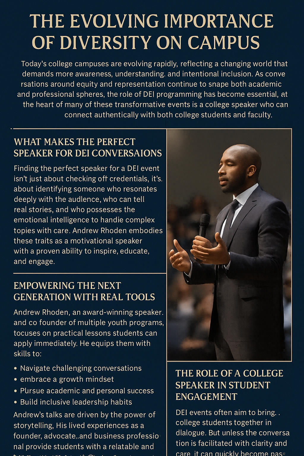 Infographic titled 'The Evolving Importance of Diversity on Campus' with a navy blue and beige color scheme. It highlights Andrew Rhoden as a powerful DEI speaker, featuring a photo of him in a suit holding a microphone while speaking. The sections outline his strengths in connecting with students and faculty, offering real tools for inclusive leadership, and fostering engaging DEI conversations. Key points include the importance of storytelling, emotional intelligence, and tailoring messages to diverse campus communities.