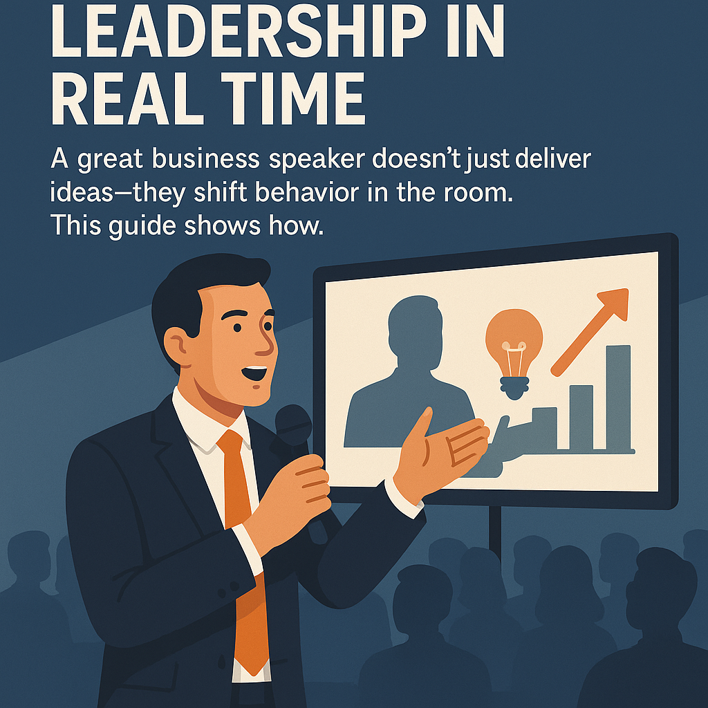Business Speaker Strategies That Elevate Leadership in Real Time.” The image features a confident male keynote speaker in a navy suit and orange tie holding a microphone on stage, addressing an audience. Behind him, a presentation screen displays a bar chart, light bulb icon, and upward arrow representing leadership growth and innovative ideas. The color scheme of navy blue, orange, and beige conveys professionalism, energy, and motivation in a corporate setting.