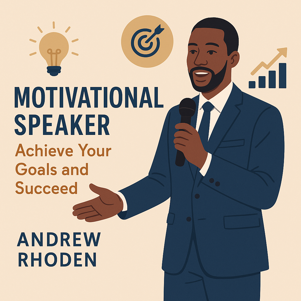 A professional digital illustration of motivational speaker Andrew Rhoden wearing a navy suit and holding a microphone while speaking confidently. The background features minimalist icons of a light bulb, target, and upward graph, symbolizing inspiration, focus, and growth. Text beside him reads “Motivational Speaker – Achieve Your Goals and Succeed – Andrew Rhoden,” all set in a clean beige and navy color scheme that conveys motivation and professionalism.
