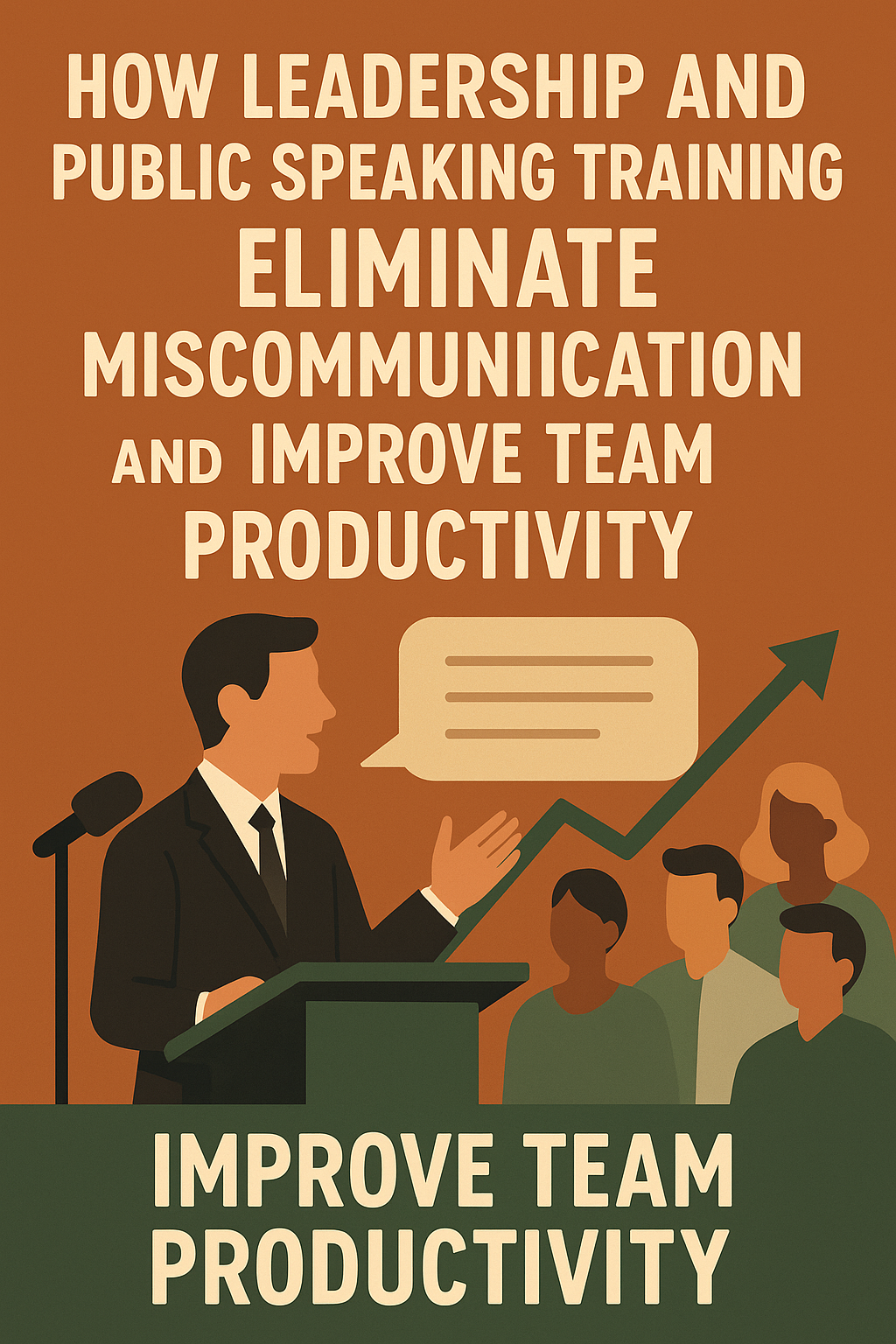 Flat-style digital illustration poster titled ‘How Leadership and Public Speaking Training Eliminate Miscommunication and Improve Team Productivity.’ The design features a leader in a suit speaking confidently at a podium with a microphone, raising one hand as if addressing a team. A speech bubble appears beside him, symbolizing communication. In front of the podium is a diverse audience of team members listening attentively. A green upward-pointing arrow rises behind them, representing growth and increased productivity. The color palette includes warm browns, deep greens, and beige tones.