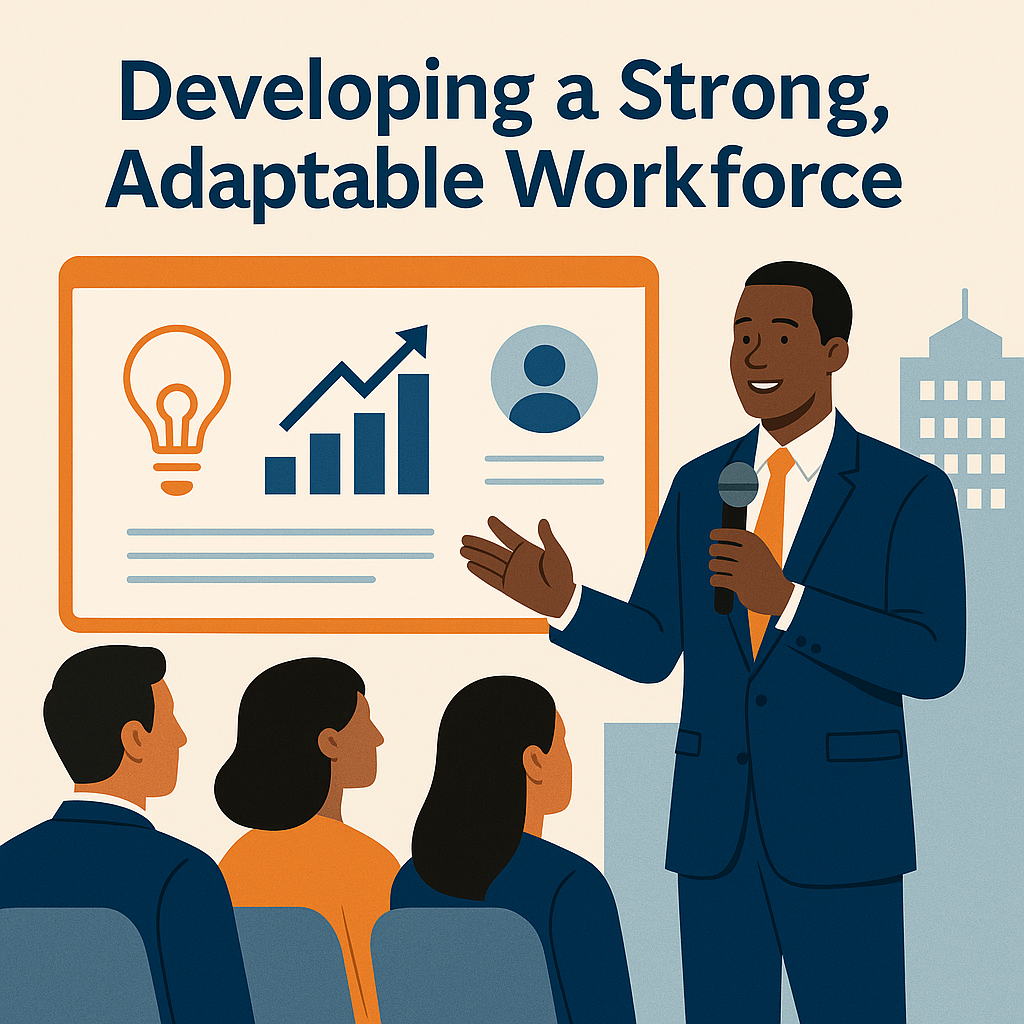 Illustration of a professional business speaker presenting to an audience. The speaker, wearing a navy suit and holding a microphone, stands beside a large presentation screen displaying icons of a lightbulb, bar graph with an upward arrow, and a profile symbol. Three audience members sit facing the speaker. The design uses blue, orange, and beige tones to represent leadership training and workforce development.