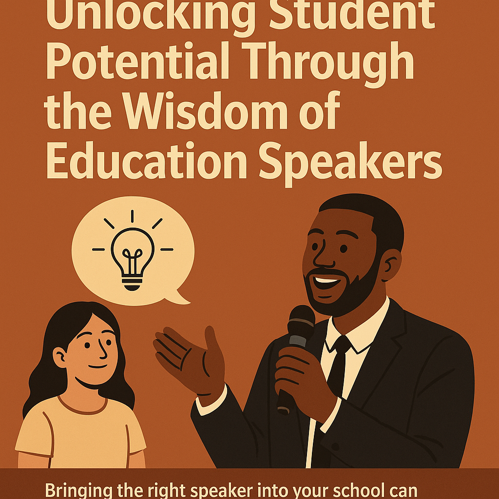 A flat-style digital illustration featuring a bold headline that reads ‘Unlocking Student Potential Through the Wisdom of Education Speakers’ in large cream-colored text on an orange background. Below the headline, an African American male speaker in a suit holds a microphone and gestures as he speaks enthusiastically. To his left, a female student listens attentively, with a speech bubble above her containing a glowing lightbulb icon representing inspiration. A caption beneath the illustration highlights the impact of bringing the right speaker into schools to spark confidence and positive change.