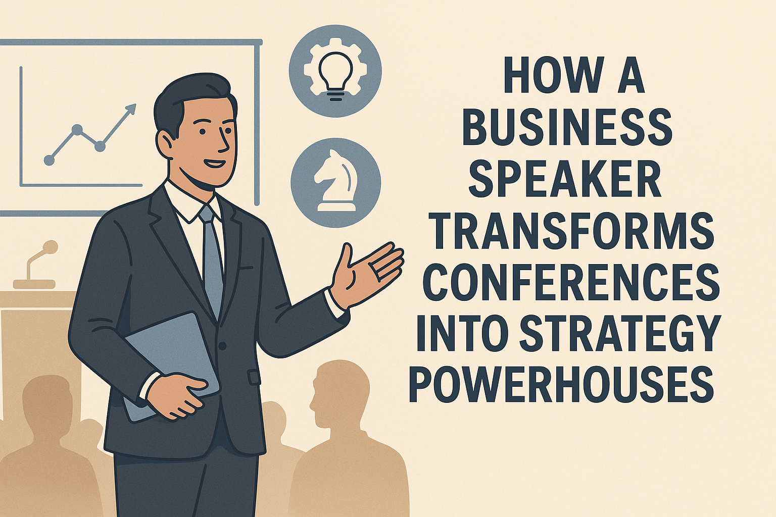 How a Business Speaker Transforms Conferences Into Strategy Powerhouses.” The design uses a clean flat-style with beige and blue tones.