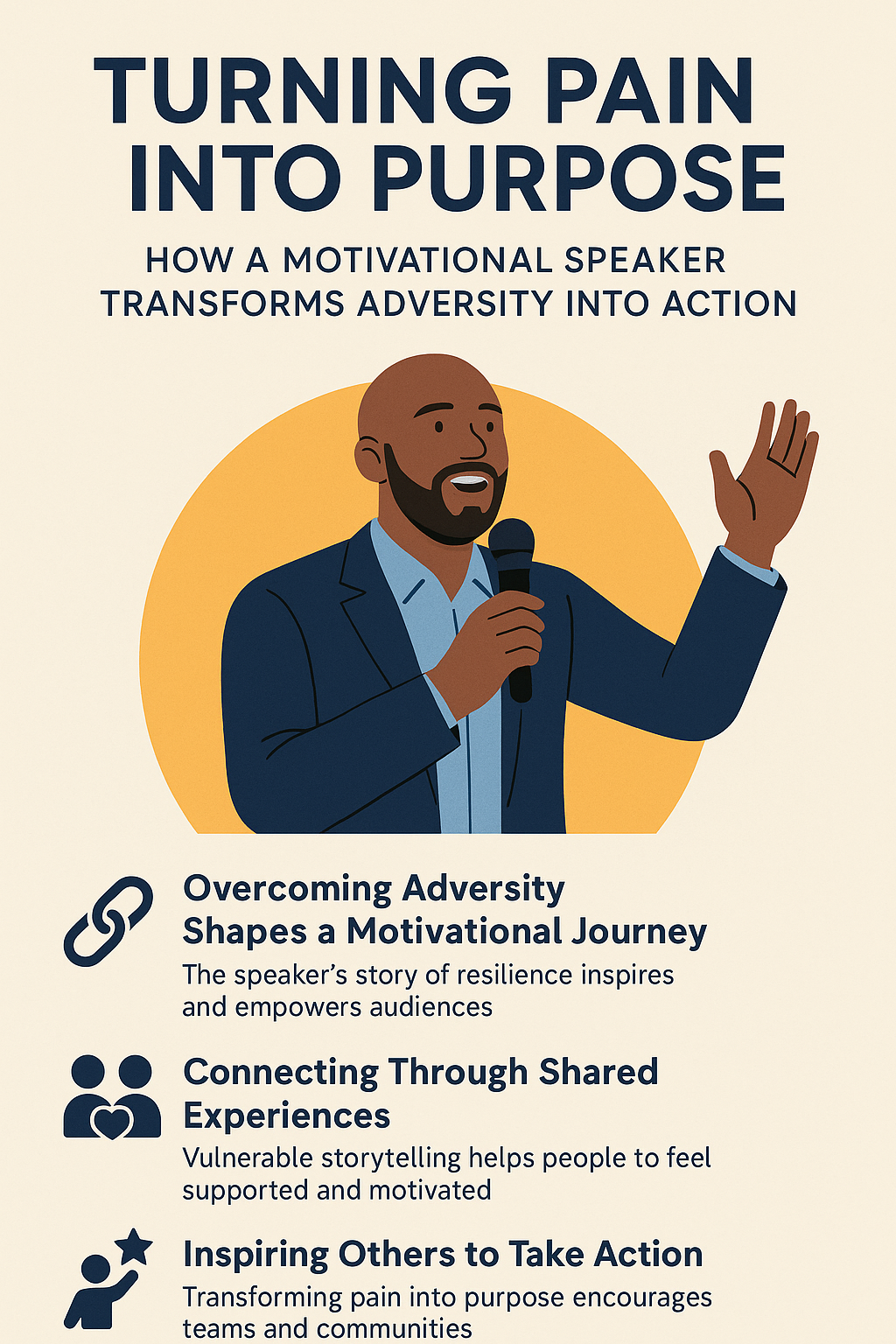 A motivational-style poster titled 'Turning Pain Into Purpose: How a Motivational Speaker Transforms Adversity Into Action.' At the top, large dark-blue text appears against a cream background. Below the title, an illustrated African-American male motivational speaker stands confidently, holding a microphone in one hand and raising the other as he speaks. A warm golden circle behind him creates emphasis. Under the illustration, three sections list key concepts with accompanying icons: a chain link icon for 'Overcoming Adversity Shapes a Motivational Journey,' showing how resilience inspires audiences; a two-person heart icon for 'Connecting Through Shared Experiences,' highlighting vulnerable storytelling; and a star icon for 'Inspiring Others to Take Action,' describing how transforming pain into purpose empowers teams and communities. The overall design uses modern, clean elements with navy, gold, and beige tones.