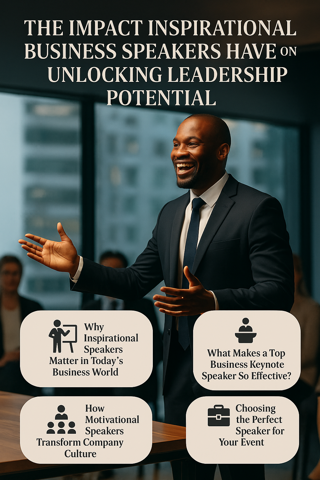 THE IMPACT INSPIRATIONAL BUSINESS SPEAKERS HAVE ON UNLOCKING LEADERSHIP POTENTIAL.” The speaker is smiling, gesturing with open hands, and engaging with the audience. The bottom portion includes four rounded beige text boxes with black icons and headings: the top-left box shows a presenter icon labeled “Why Inspirational Speakers Matter in Today’s Business World”; the top-right box features a person-at-a-podium icon labeled “What Makes a Top Business Keynote Speaker So Effective?”; the bottom-left box has an organizational icon labeled “How Motivational Speakers Transform Company Culture”; and the bottom-right box shows a briefcase icon labeled “Choosing the Perfect Speaker for Your Event.” The overall design conveys motivation, professionalism, and leadership-focused messaging.