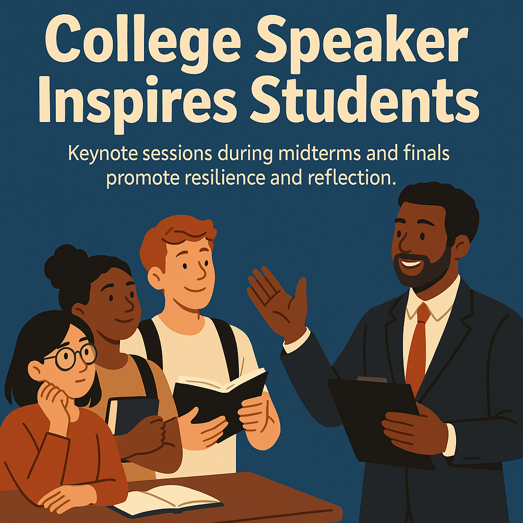 College Speaker Inspires Students.’ A subtitle says: ‘Keynote sessions during midterms and finals promote resilience and reflection.’ The illustration uses warm, soft colors and depicts an encouraging, supportive academic atmosphere.