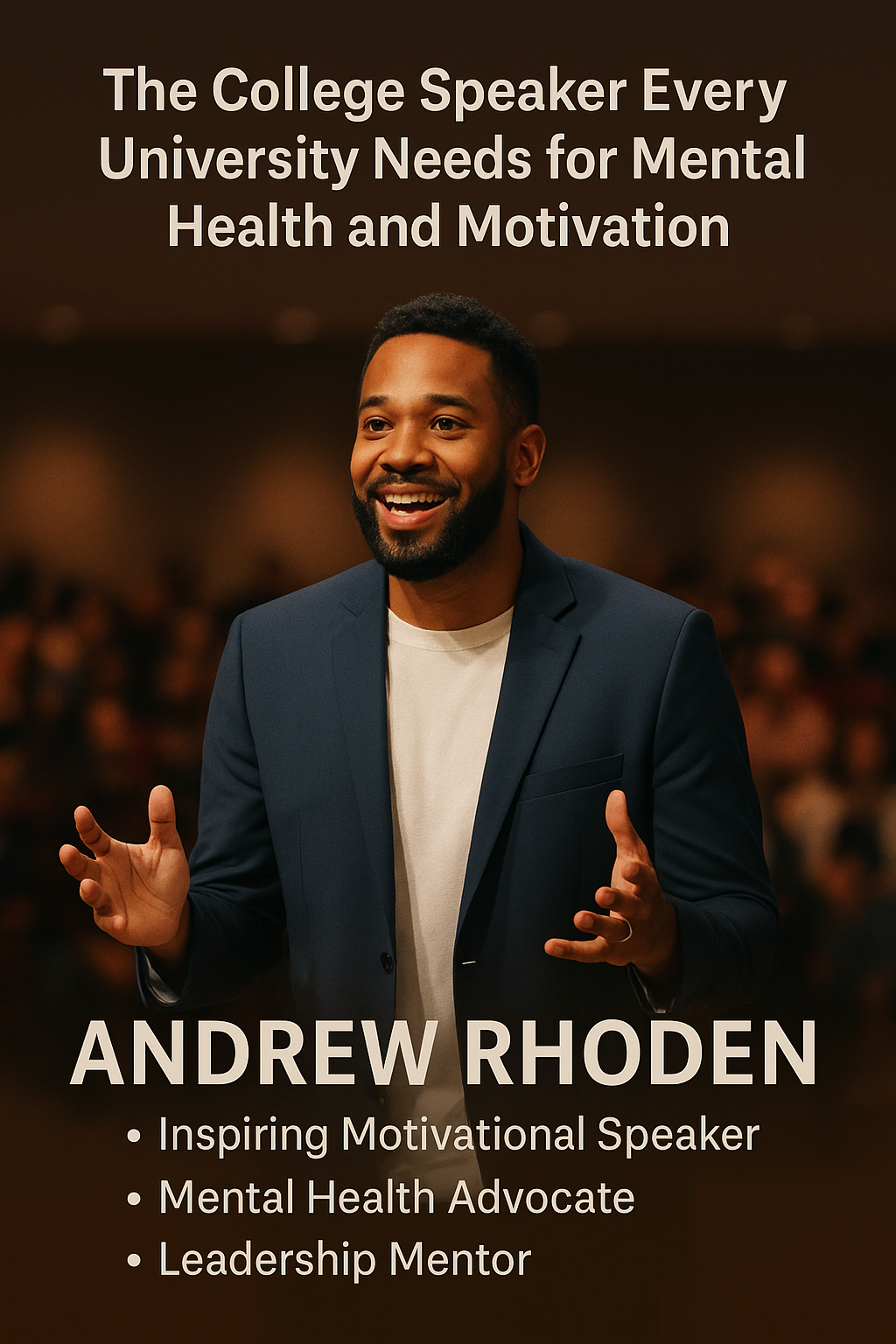 The College Speaker Every University Needs for Mental Health and Motivation – Andrew Rhoden,” followed by bullet points: “Inspiring Motivational Speaker,” “Mental Health Advocate,” and “Leadership Mentor.