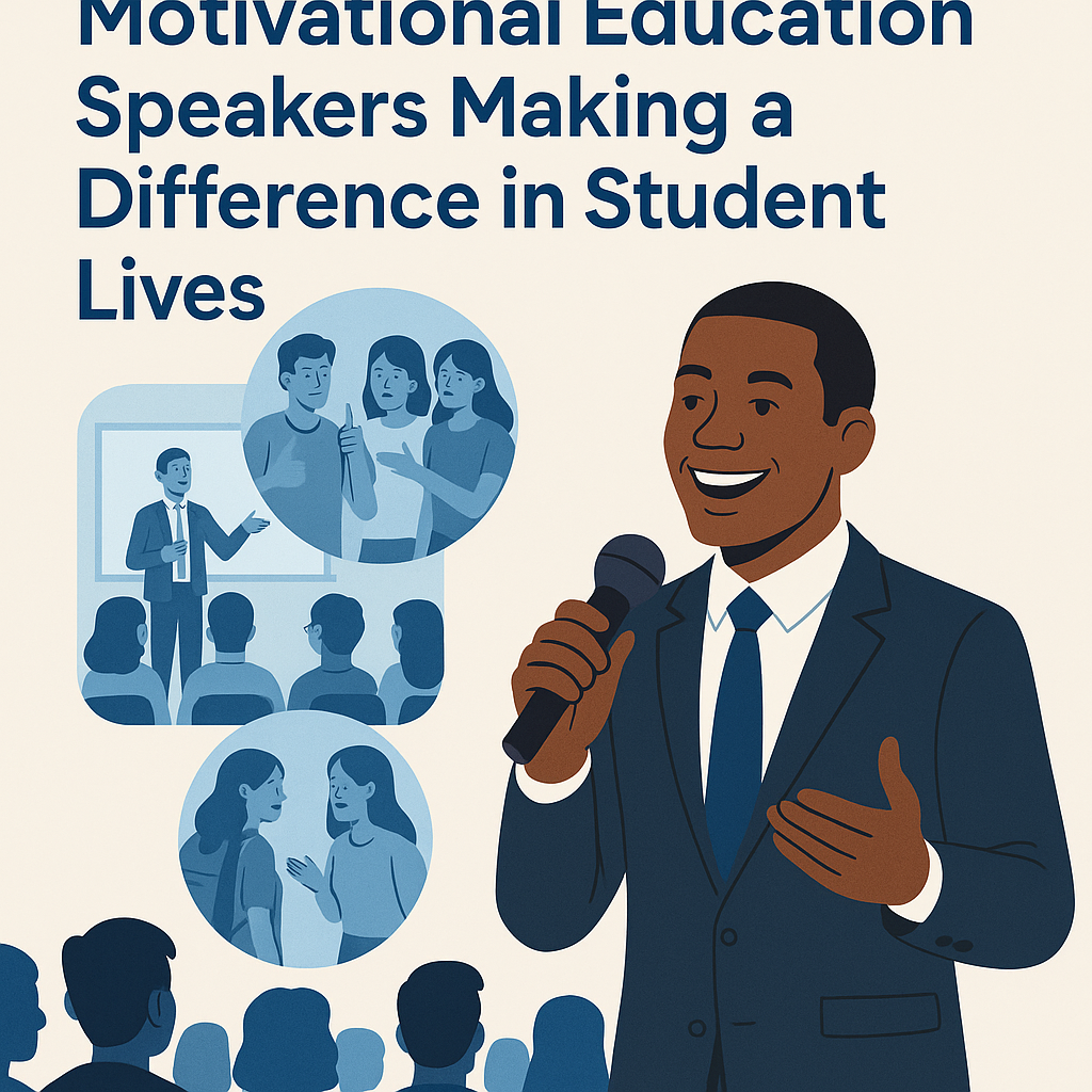 An illustration of a motivational education speaker in a navy suit holding a microphone and smiling as he addresses an engaged audience of students. In the background, circular insets depict scenes of a teacher speaking to a classroom, students having positive discussions, and peers offering support. The color palette uses shades of blue and beige, symbolizing inspiration, connection, and empowerment in education. The title reads, “Motivational Education Speakers Making a Difference in Student Lives.”