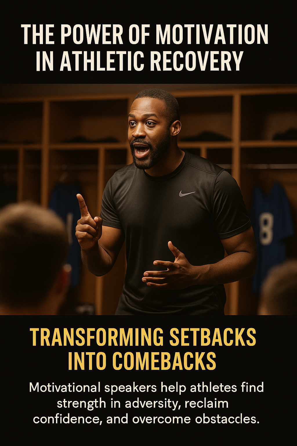 The Power of Motivation in Athletic Recovery,” and the bottom text says, “Transforming Setbacks into Comebacks — Motivational speakers help athletes find strength in adversity, reclaim confidence, and overcome obstacles.
