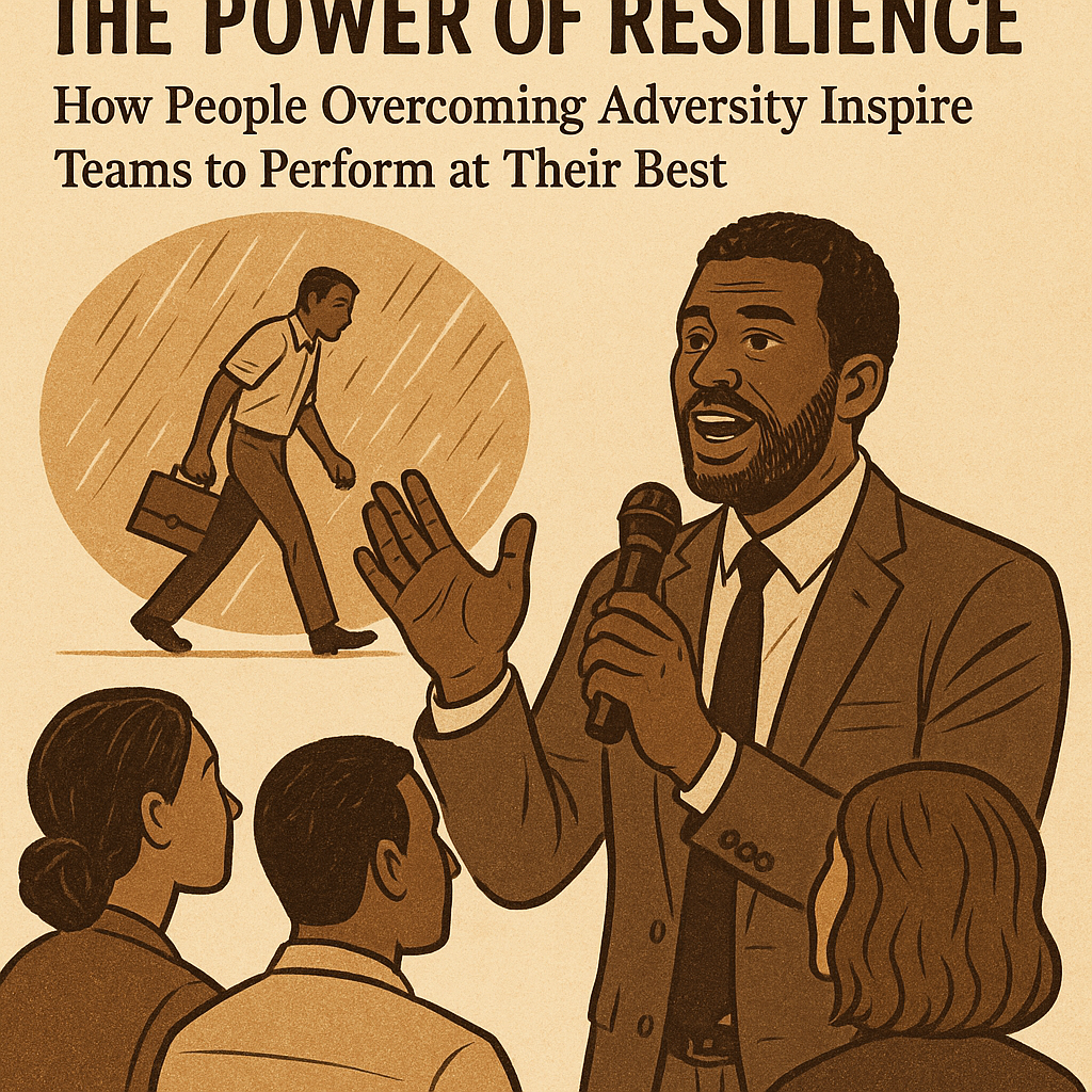 A motivational illustration showing an African American speaker in a suit addressing an attentive audience. He gestures passionately while holding a microphone, symbolizing leadership and resilience. In the background, a circular image depicts a man walking through rain with a briefcase, representing overcoming adversity. The warm beige and brown tones create an inspiring and empowering atmosphere, matching the title text: “The Power of Resilience: How People Overcoming Adversity Inspire Teams to Perform at Their Best.