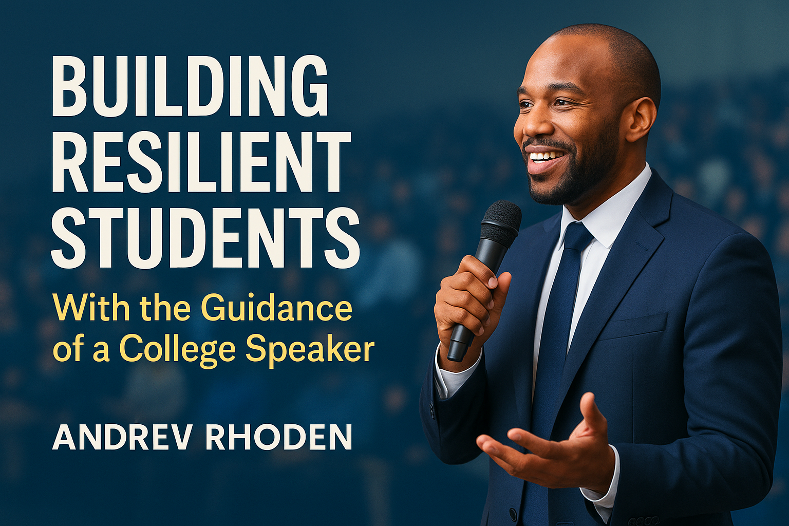 Promotional graphic featuring motivational college speaker Andrew Rhoden speaking confidently on stage in a navy suit, holding a microphone and smiling. The background shows a blurred auditorium audience, with bold white and yellow text reading ‘Building Resilient Students With the Guidance of a College Speaker — Andrew Rhoden.’ The design conveys inspiration, leadership, and empowerment for college students.