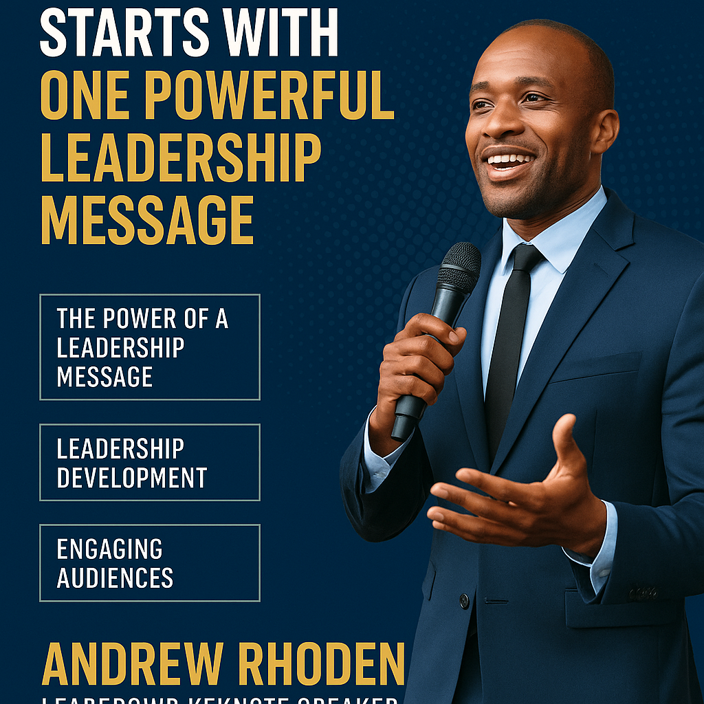 Unlocking Peak Team Performance Starts with One Powerful Leadership Message.” It features Andrew Rhoden, dressed in a navy blue suit and tie, speaking confidently into a microphone with a bright, engaging expression. The background is a deep blue gradient with gold and white text highlighting key topics: “The Power of a Leadership Message,” “Leadership Development,” and “Engaging Audiences.” The overall design conveys professionalism, confidence, and inspiration, emphasizing leadership communication and keynote speaking.