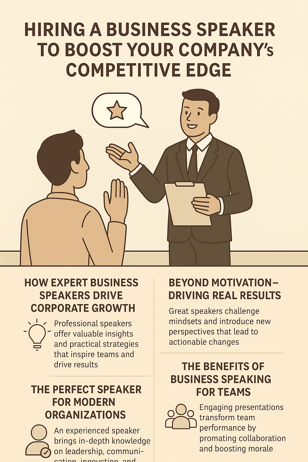 Hiring a Business Speaker to Boost Your Company’s Competitive Edge.” It features a professional business speaker in a suit engaging with an audience, holding a clipboard while addressing a participant. The design uses warm beige and brown tones with clean icons representing ideas, teamwork, and communication. Text sections explain how expert business speakers drive corporate growth, inspire real results, and enhance team performance through collaboration and motivation.