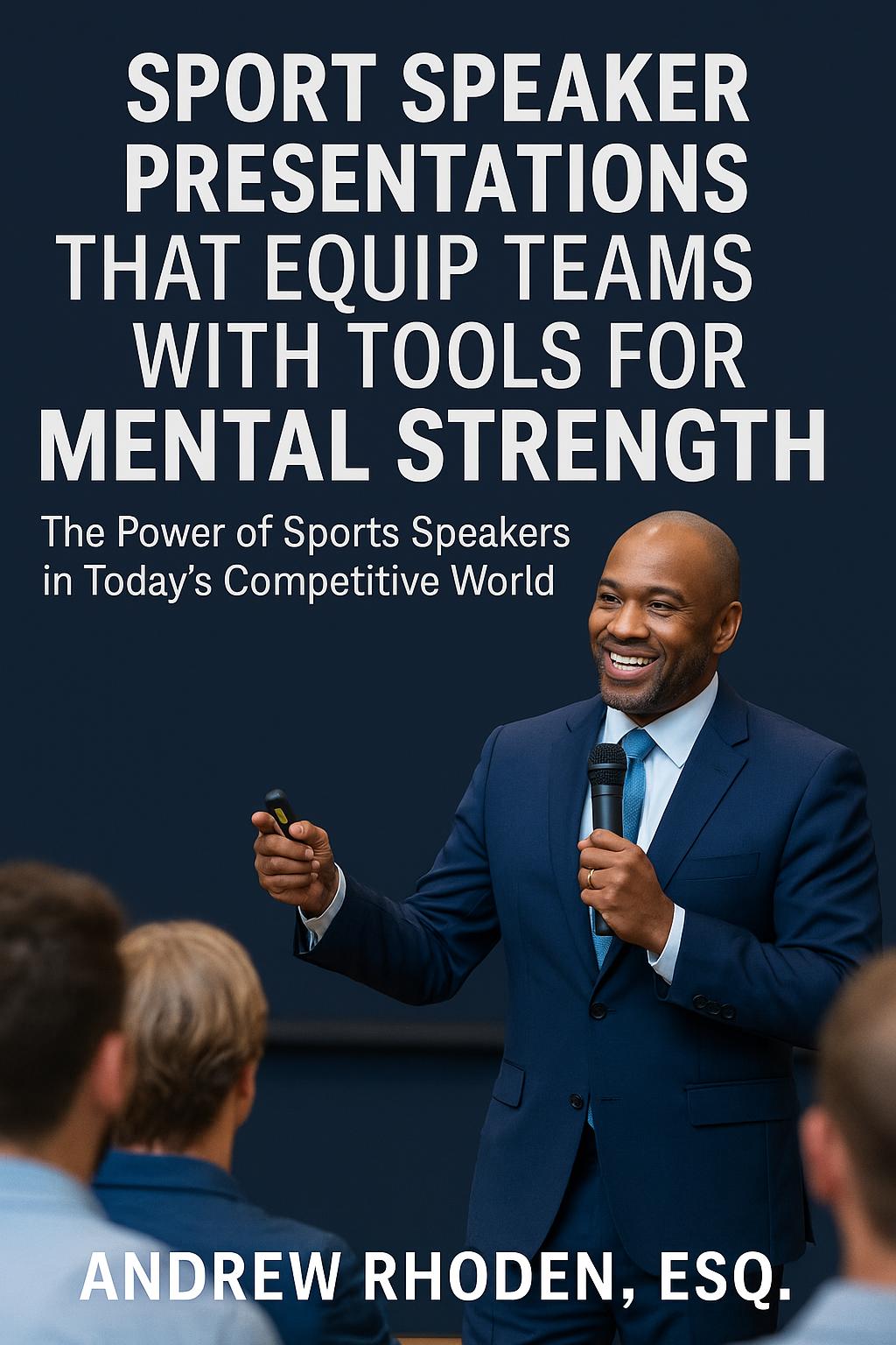 A professional promotional image featuring Andrew Rhoden, Esq., delivering a motivational sports presentation. He stands confidently in a navy suit, smiling and holding a microphone while addressing an attentive audience. Bold white text above him reads ‘Sport Speaker Presentations That Equip Teams with Tools for Mental Strength,’ followed by the subtitle ‘The Power of Sports Speakers in Today’s Competitive World.’ The image conveys leadership, motivation, and empowerment for athletes and teams.