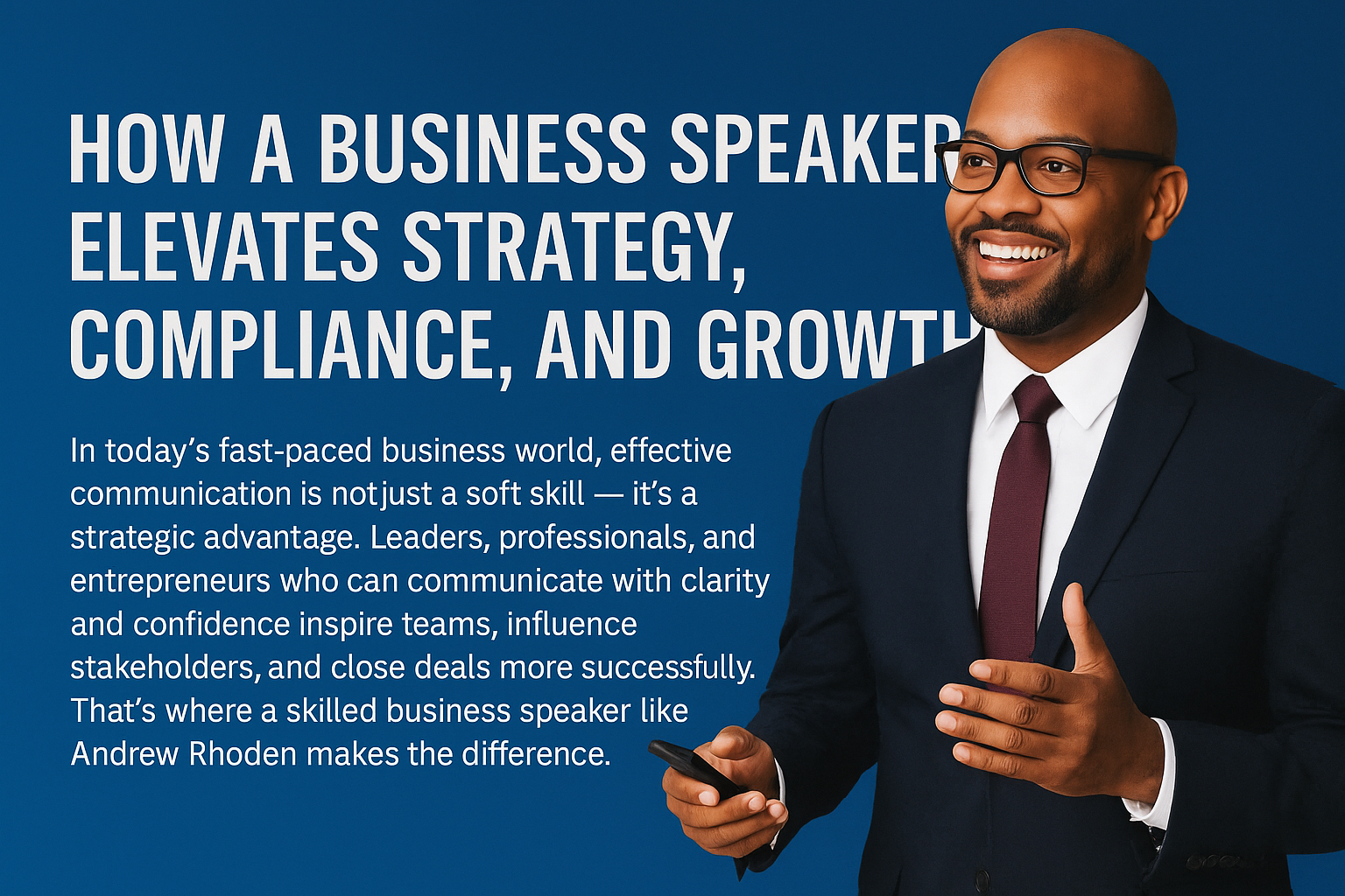 A confident African American business speaker in a dark navy suit, white shirt, and burgundy tie smiles while gesturing during a presentation. On the left, bold white text reads ‘How a Business Speaker Elevates Strategy, Compliance, and Growth,’ with a paragraph explaining how effective communication drives business success and how Andrew Rhoden helps leaders inspire and influence through speaking.