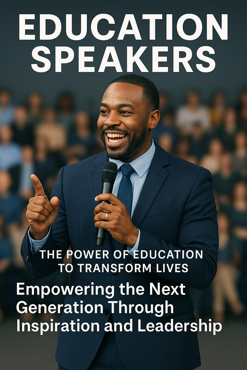 A smiling African American motivational speaker, Andrew Rhoden, stands confidently on stage wearing a navy suit and tie, holding a microphone while addressing a large, diverse audience in an auditorium. The image exudes energy and inspiration, with overlaid text reading, “Education Speakers — The Power of Education to Transform Lives” and “Empowering the Next Generation Through Inspiration and Leadership,” highlighting the transformative impact of education and leadership.
