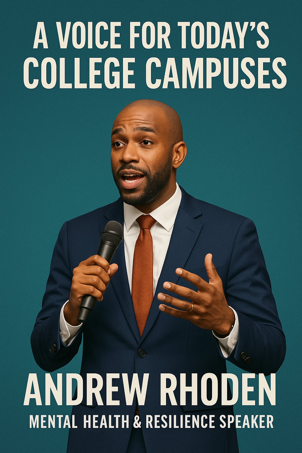 Promotional poster of Andrew Rhoden, an African-American motivational speaker, wearing a navy blue suit and burnt orange tie, holding a microphone while speaking passionately. The teal background features bold white text at the top reading “A VOICE FOR TODAY’S COLLEGE CAMPUSES” and at the bottom “ANDREW RHODEN – MENTAL HEALTH & RESILIENCE SPEAKER.