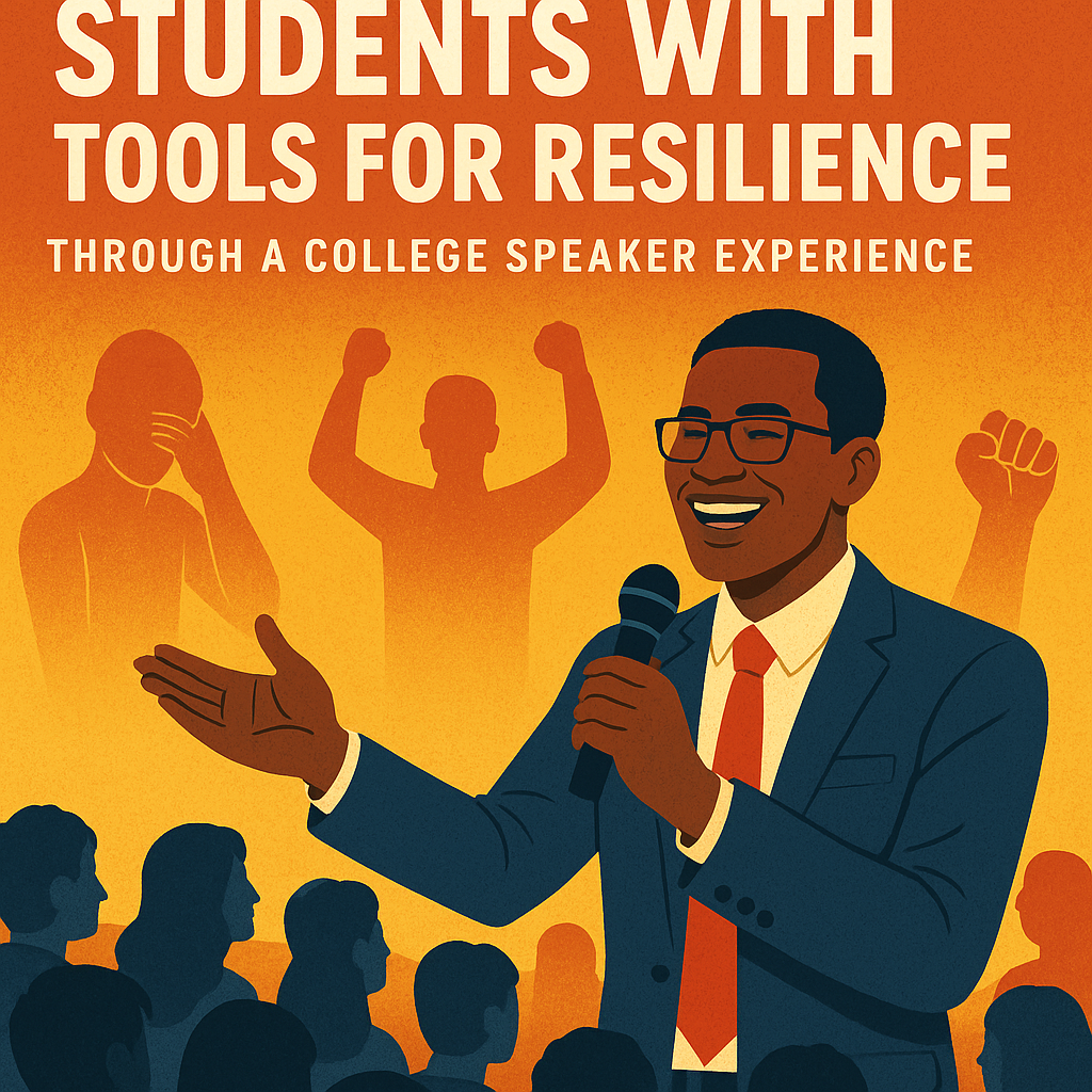 Illustration of a motivational college speaker addressing an enthusiastic audience of students. The speaker, an African American man in a navy suit and red tie, holds a microphone and gestures confidently while smiling. The background features warm orange and yellow tones with silhouettes of cheering and inspired students, symbolizing empowerment, resilience, and motivation through a college speaker experience.