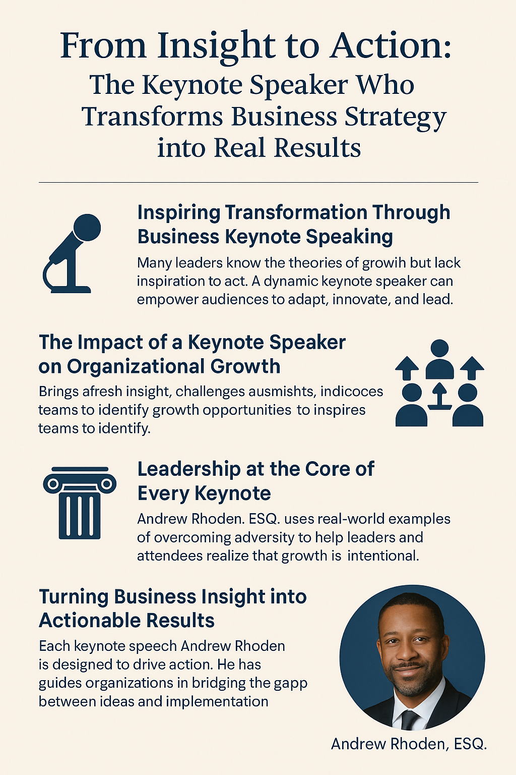From Insight to Action: The Keynote Speaker Who Transforms Business Strategy into Real Results.” It features a clean beige and navy-blue design with icons representing speaking, growth, leadership, and results. The sections highlight topics such as inspiring transformation through business keynote speaking, the impact of a keynote speaker on organizational growth, leadership at the core of every keynote, and turning business insight into actionable results. A professional photo of Andrew Rhoden, ESQ. appears at the bottom, symbolizing authority and expertise.