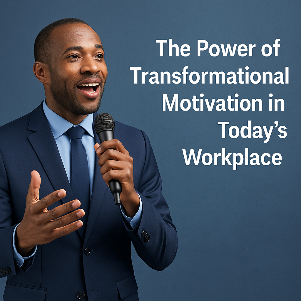Motivational speaker in a navy suit passionately addressing an audience with a microphone in hand against a blue background. White text beside him reads ‘The Power of Transformational Motivation in Today’s Workplace.’ The image conveys leadership, inspiration, and professional empowerment.