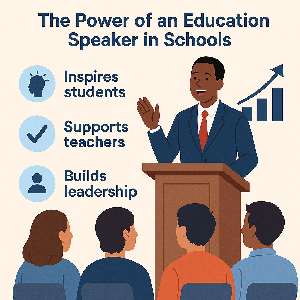 The Power of an Education Speaker in Schools' showing a professional speaker in a navy suit and red tie standing at a podium addressing students. To the left, icons with text highlight benefits: 'Inspires students,' 'Supports teachers,' and 'Builds leadership.' A rising bar chart with an upward arrow symbolizes growth and success in education.