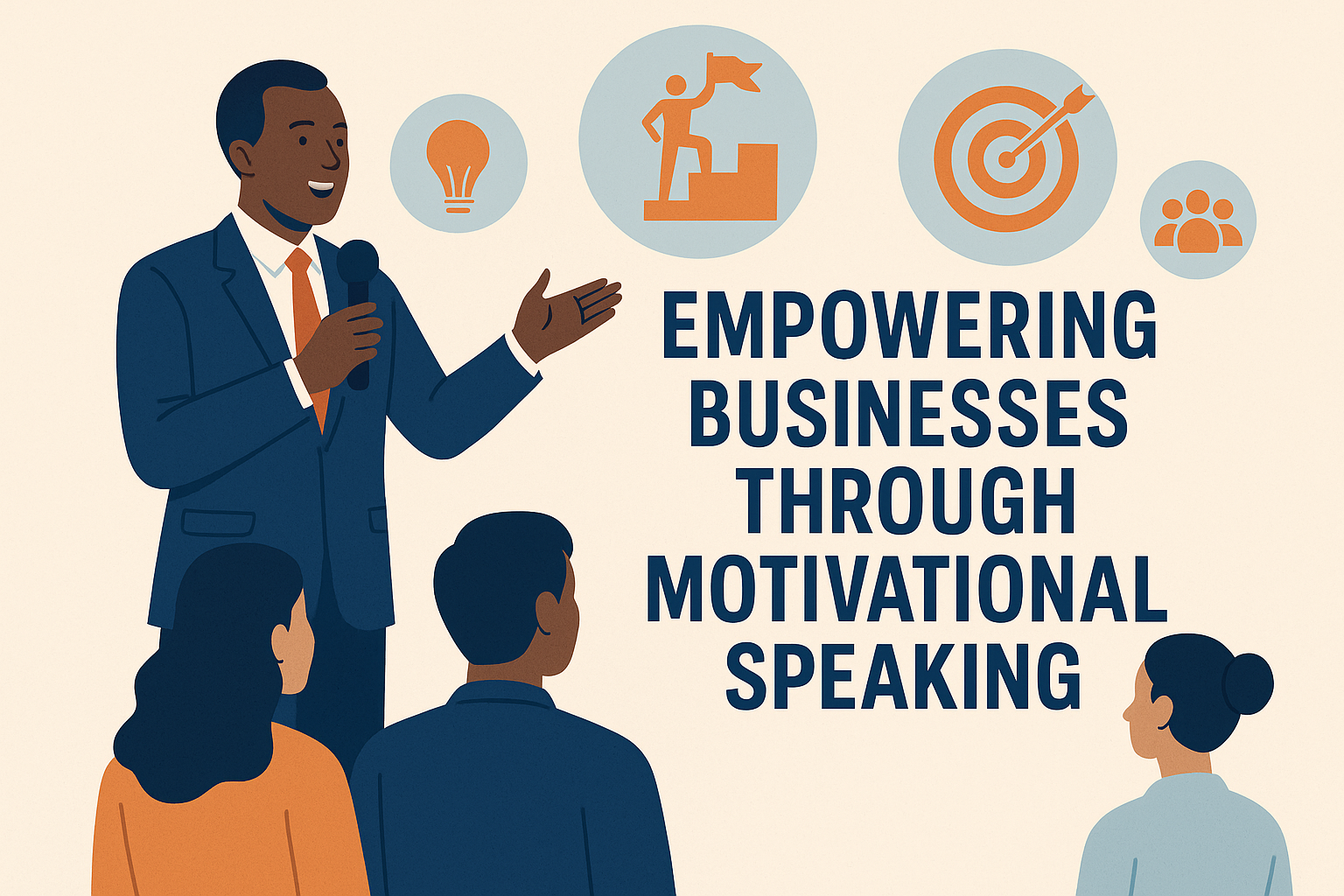 Flat-style digital illustration of an African American male motivational speaker in a blue suit holding a microphone, addressing a diverse audience. Behind him are circular icons representing ideas (lightbulb), achievement (person with a flag on a podium), precision (target with an arrow), and teamwork (group of people). The bold text reads “Empowering Businesses Through Motivational Speaking.