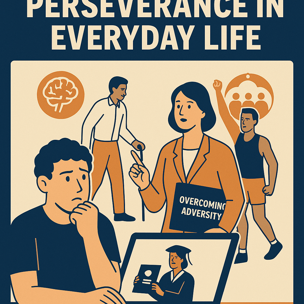 The Importance of Perseverance in Everyday Life.” The design features four symbolic figures: a thoughtful young man resting his chin on his hand, an older woman walking with a cane, a professional woman holding a book labeled “Overcoming Adversity,” and an athlete raising a triumphant fist. Below, a student is shown on a laptop screen holding a diploma, symbolizing achievement. Orange icons of a brain and connected people represent resilience and support. The color palette uses navy blue, beige, orange, and cream to convey determination, hope, and strength.