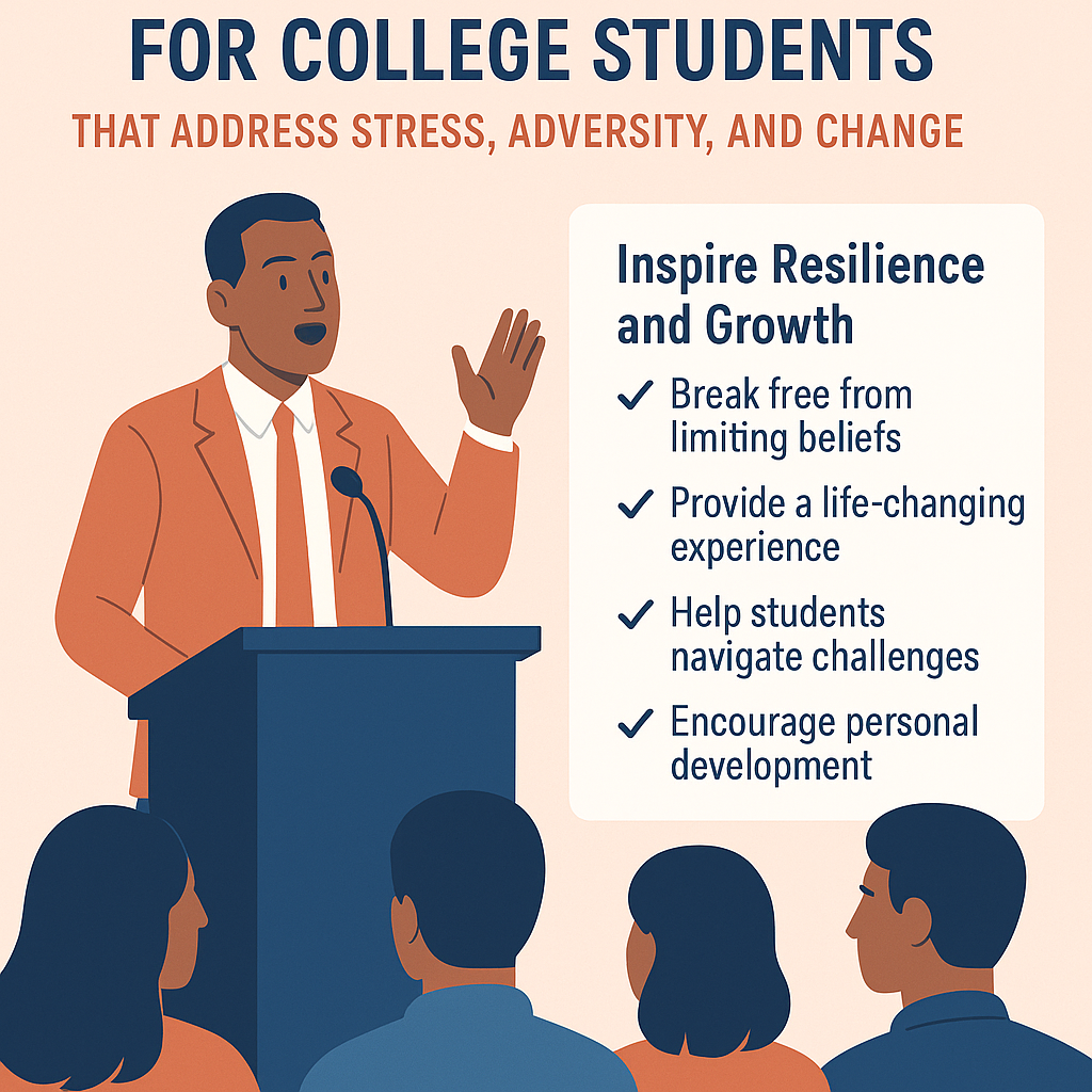 Illustration of a motivational speaker at a podium addressing college students, with a checklist beside him highlighting resilience, life-changing experiences, navigating challenges, and personal development.