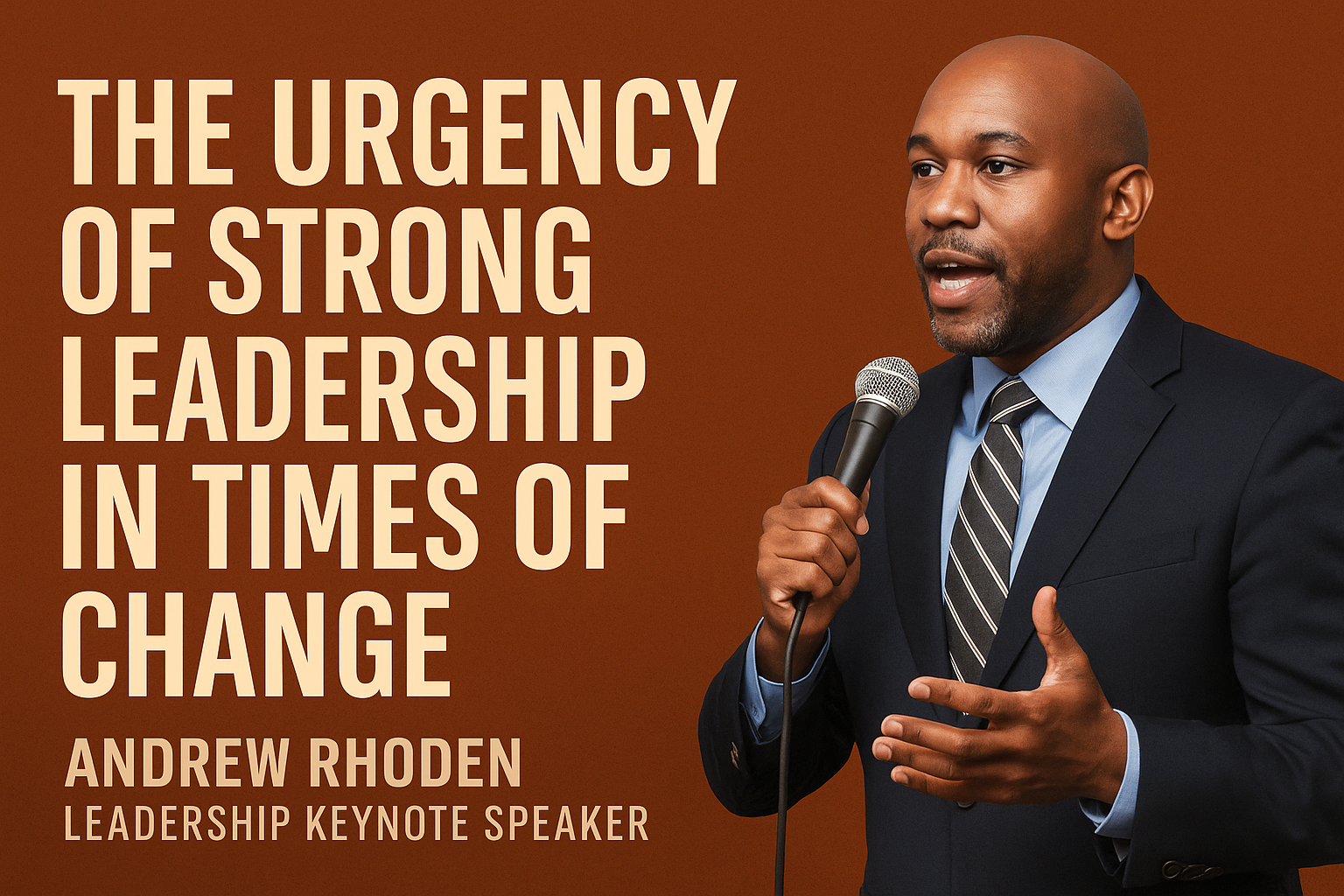 Promotional graphic featuring Andrew Rhoden, Leadership Keynote Speaker, holding a microphone and speaking confidently in a navy suit against a burnt orange background. Bold text reads: 'The Urgency of Strong Leadership in Times of Change – Andrew Rhoden, Leadership Keynote Speaker.
