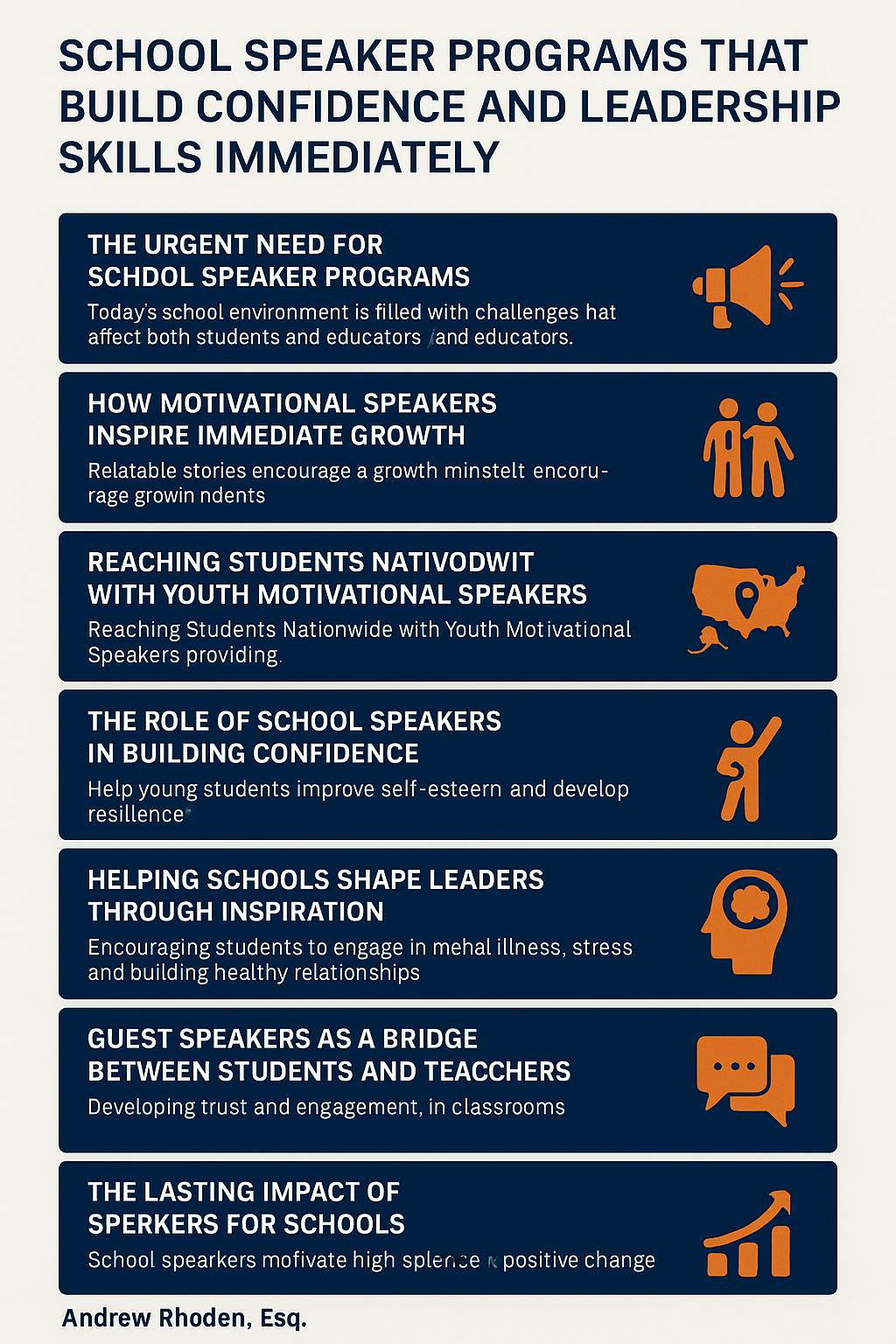 School Speaker Programs That Build Confidence and Leadership Skills Immediately’ with a navy blue, orange, and white theme. Sections include: the urgent need for school speaker programs (megaphone icon), how motivational speakers inspire immediate growth (two people icon), reaching students nationwide with youth motivational speakers (U.S. map icon), the role of school speakers in building confidence (student raising hand icon), helping schools shape leaders through inspiration (head with brain icon), guest speakers as a bridge between students and teachers (chat bubble icon), and the lasting impact of speakers for schools (growth chart icon). Footer lists Andrew Rhoden, Esq.