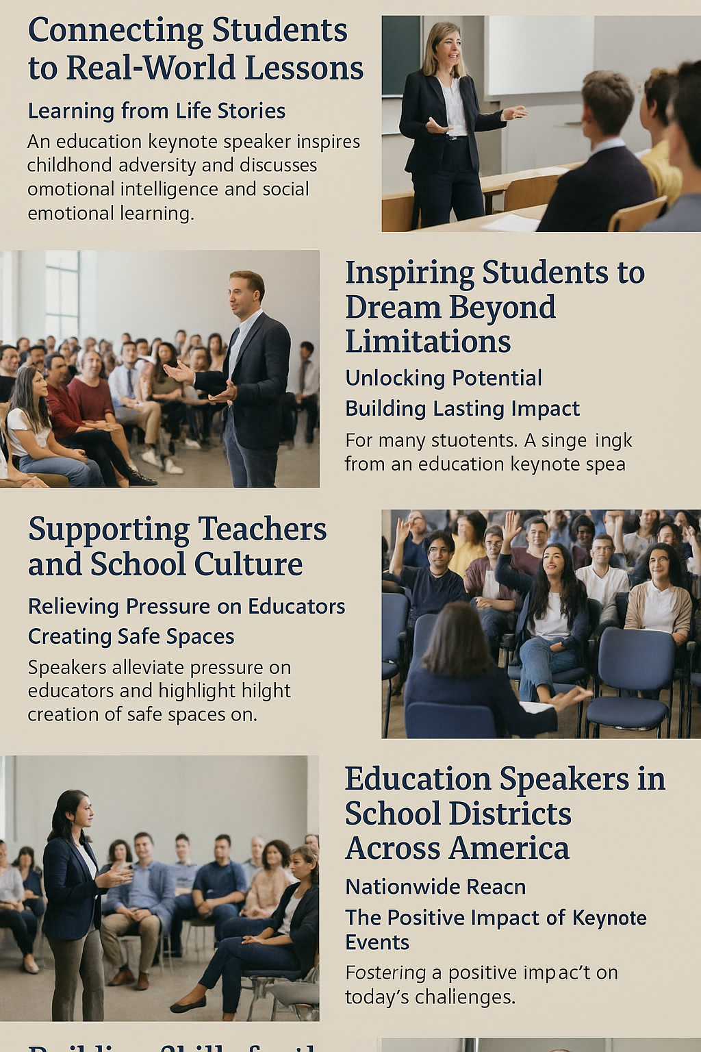 The Transformative Role of Education Speakers” showing images of keynote speakers addressing classrooms and auditoriums. Sections highlight key themes: connecting students to real-world lessons, inspiring students to dream beyond limitations, supporting teachers and school culture, and education speakers in school districts across America. Diverse groups of students and educators are shown engaged, listening, and participating in motivational sessions.