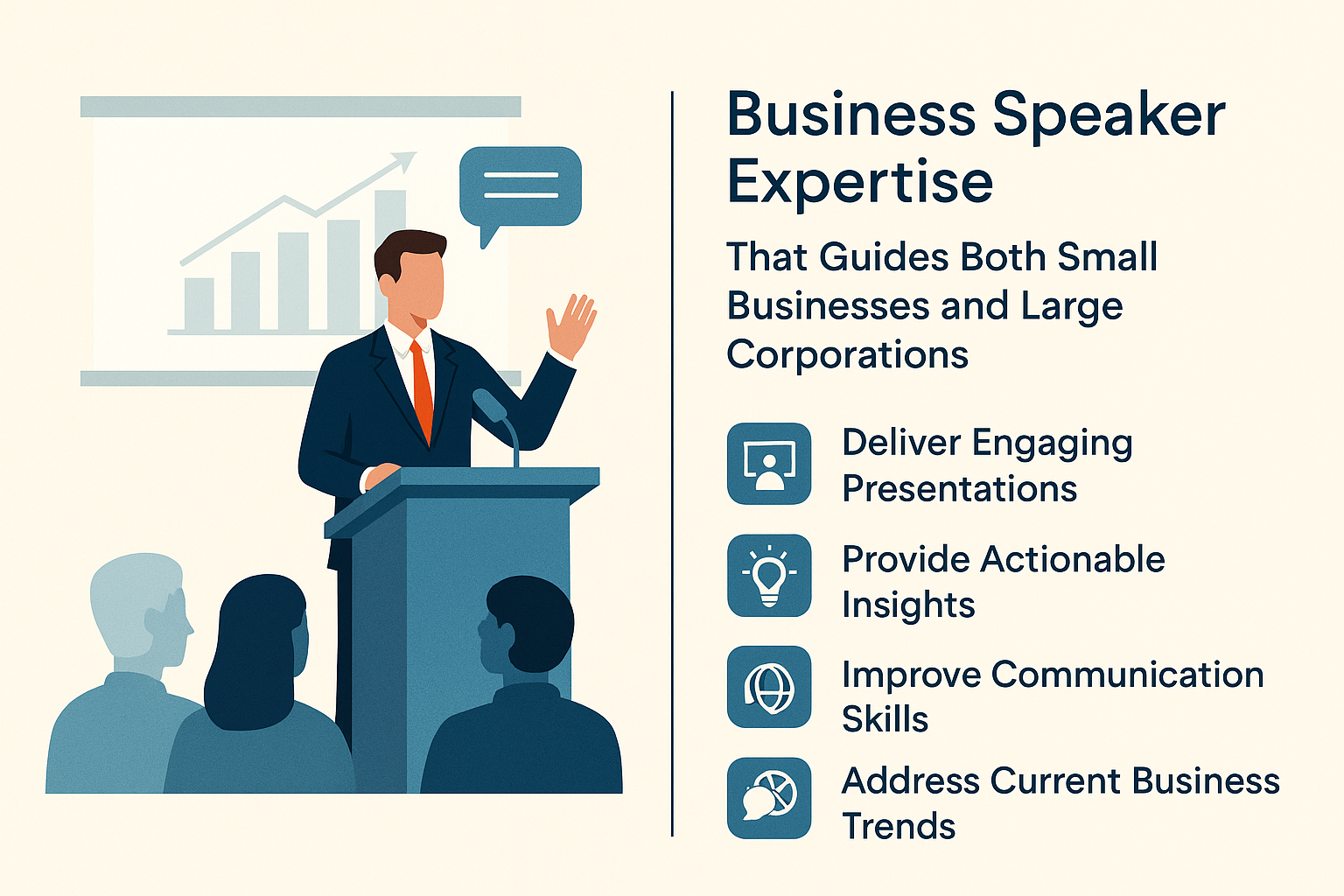 Business Speaker Expertise That Guides Both Small Businesses and Large Corporations.’ On the left, an illustration of a professional speaker in a suit stands behind a podium, addressing an audience. A presentation screen behind him shows an upward graph, and a speech bubble indicates active communication. On the right, four icons with text highlight benefits: a person icon for ‘Deliver Engaging Presentations,’ a lightbulb for ‘Provide Actionable Insights,’ a globe for ‘Improve Communication Skills,’ and a chat bubble for ‘Address Current Business Trends.’ The design uses clean blue, orange, and beige tones for a professional look.