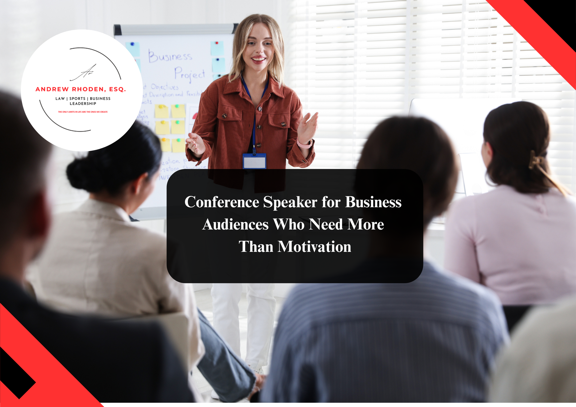 Business conference keynote speakers on stage.